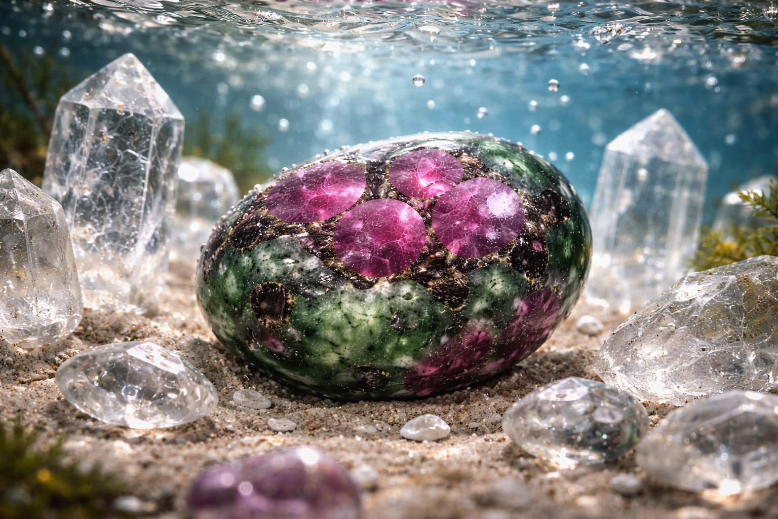 Sumerge la piedra en agua pura junto a cristales de roca para resetear su memoria energética.