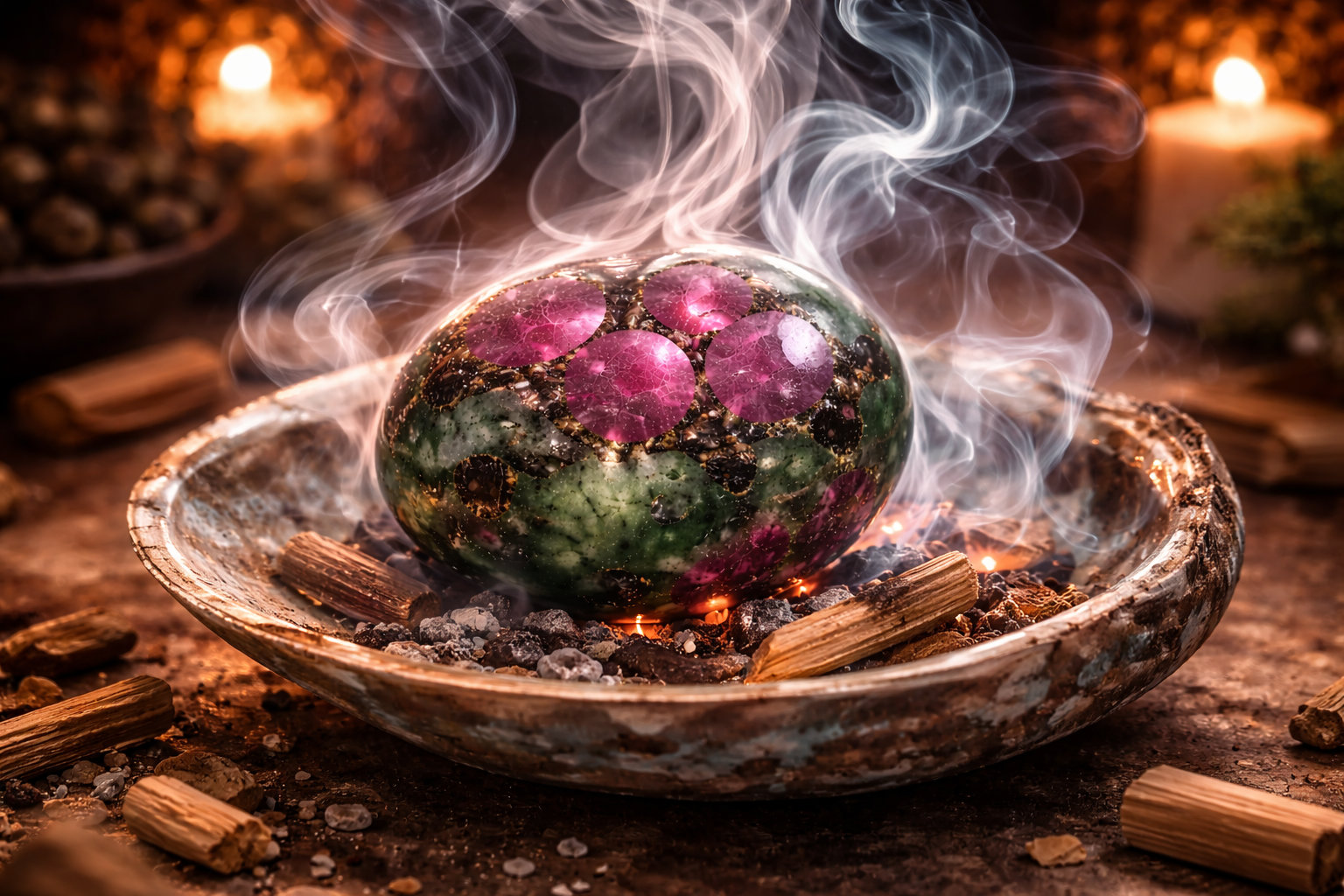 Pasa la piedra por el humo para limpiar las improntas emocionales que haya recolectado durante tu trabajo espiritual. Este método es suave y protege la superficie pulida de la gema, manteniendo su lustre natural.