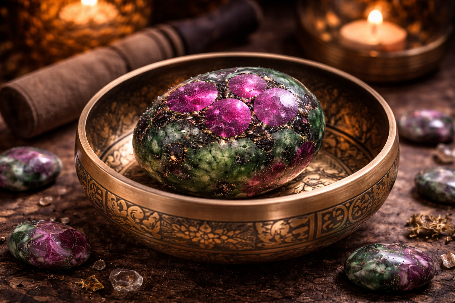 Coloca el cristal cerca de un cuenco tibetano o de cuarzo para que la frecuencia sacuda los residuos densos. Es la limpieza más profunda para este mineral, ya que alinea las inclusiones de Rubí con la matriz de Zoisita.