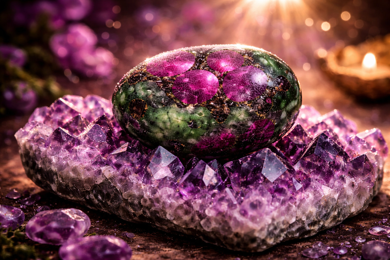Deja el cristal sobre una amatista durante la noche para elevar su frecuencia al plano intuitivo. La amatista transmuta cualquier residuo y recarga el aspecto espiritual de la Anyolita.