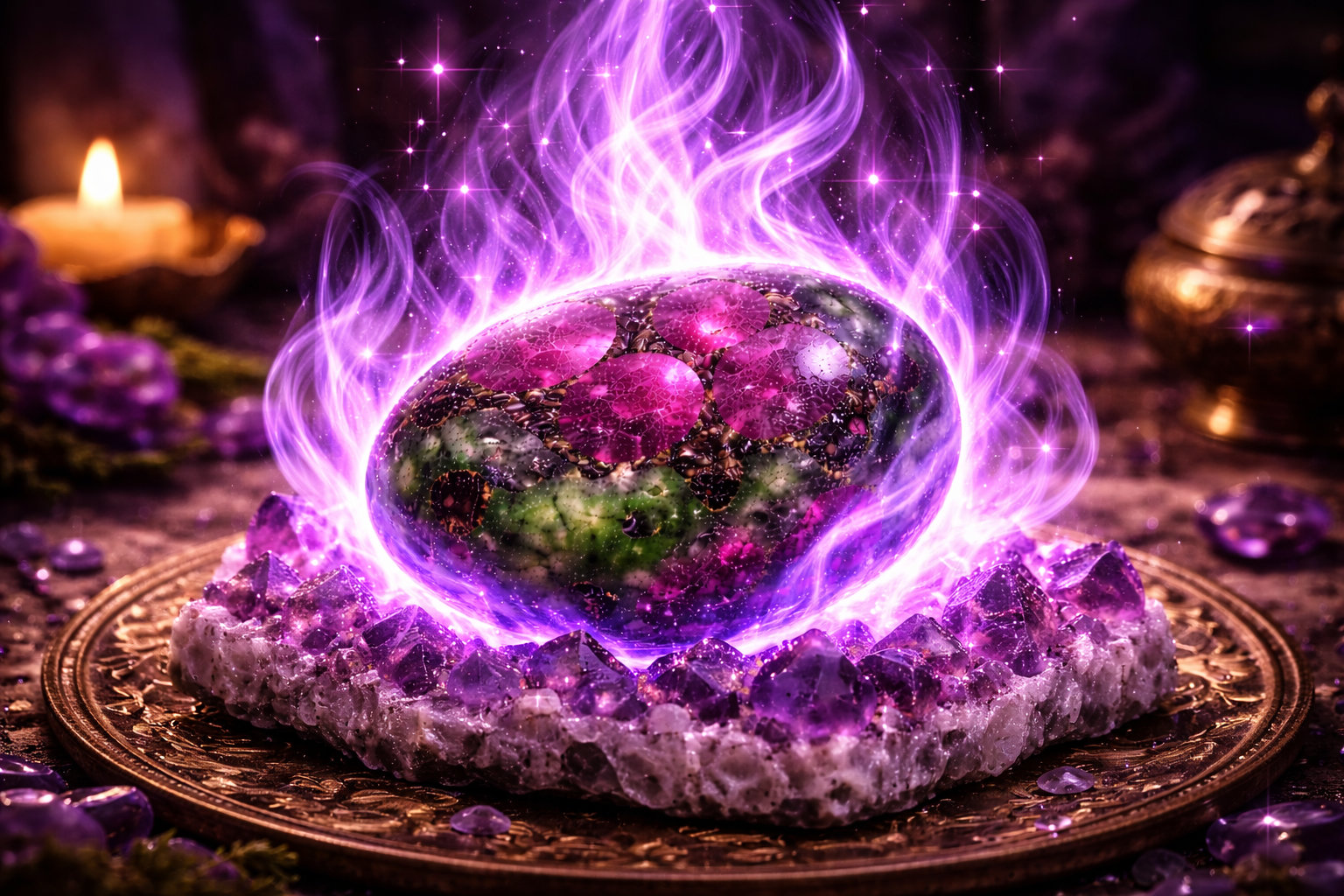 Sostén la piedra y visualiza una llama violeta envolviéndola, transformando su energía en poder puro. Este método calibra la piedra directamente con tu intención de transmutación y cambio.