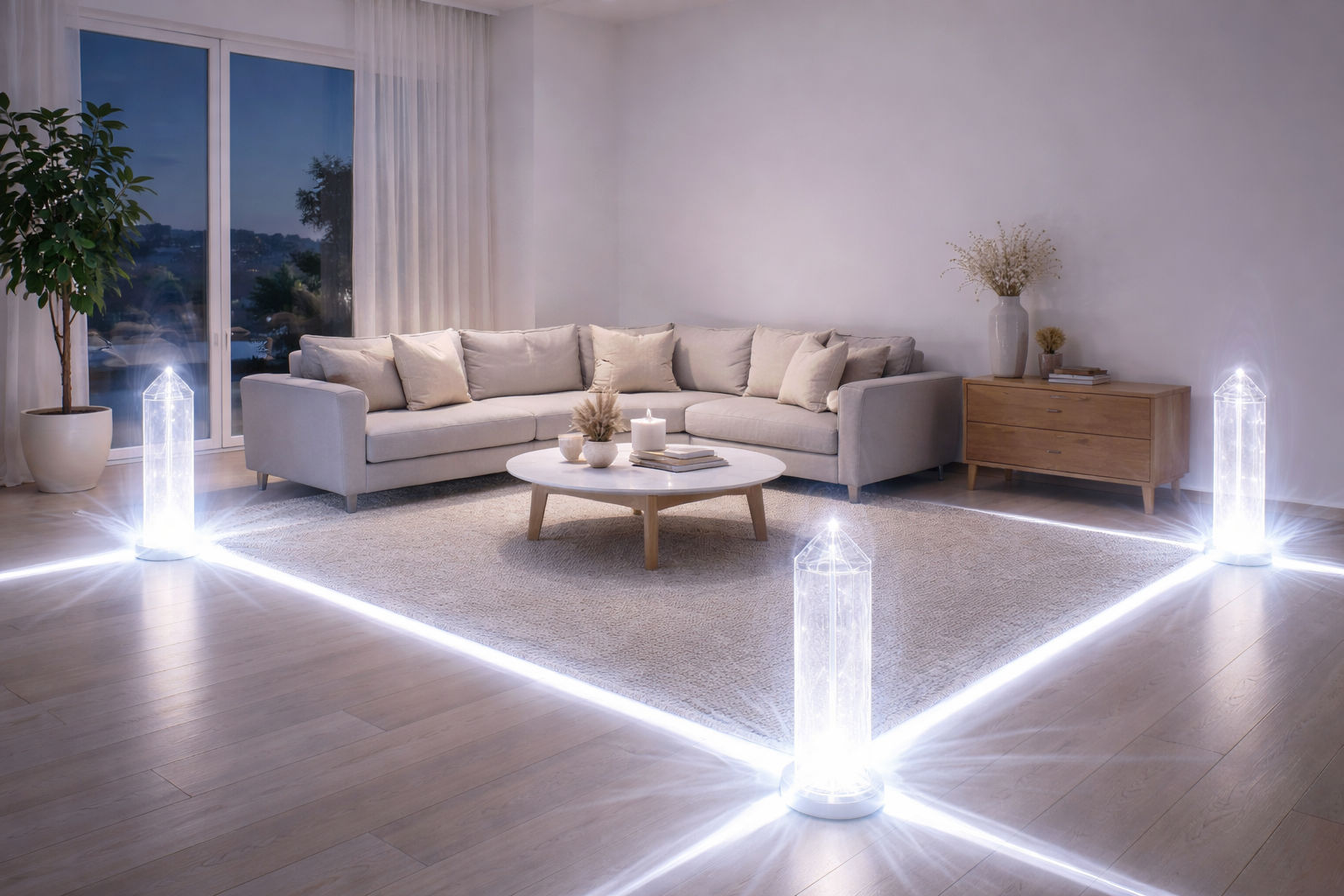 Torres de Selenita en las esquinas para crear un perímetro de protección y luz pura en el hogar.