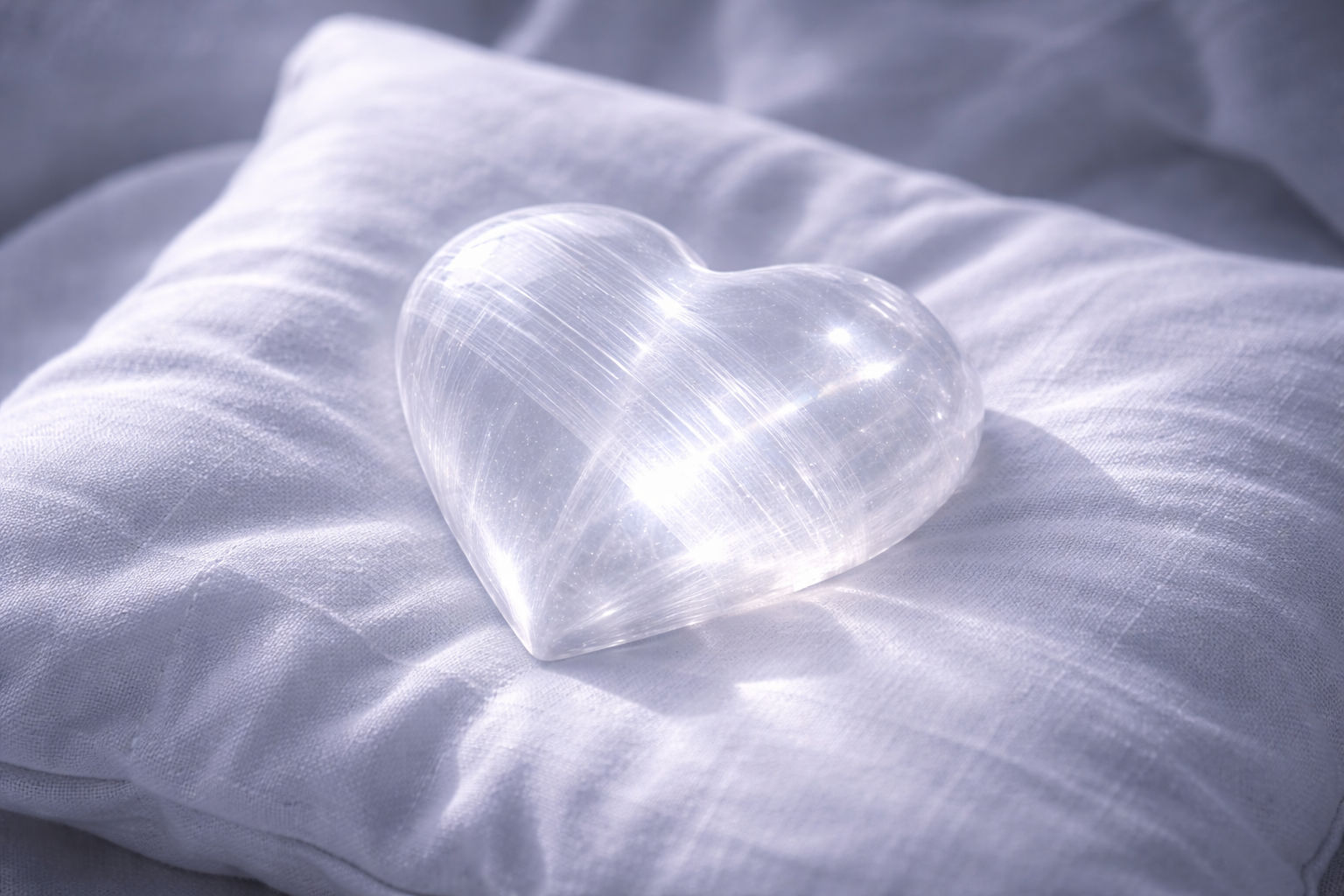 Corazón de Selenita cerca de la cama para asegurar sueños pacíficos y limpieza nocturna.