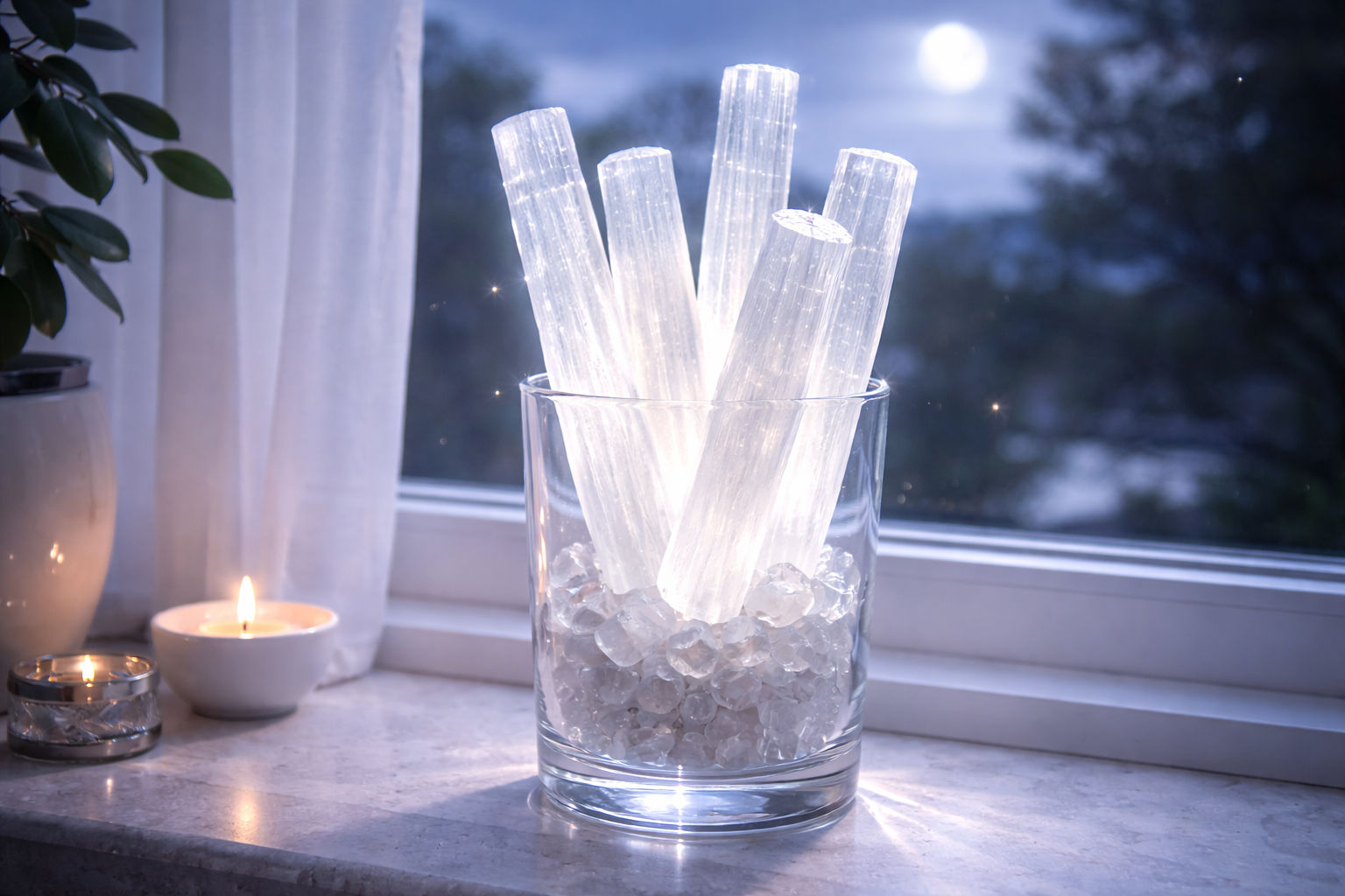 Varas de Selenita captando la energía lunar para distribuirla por toda la habitación.