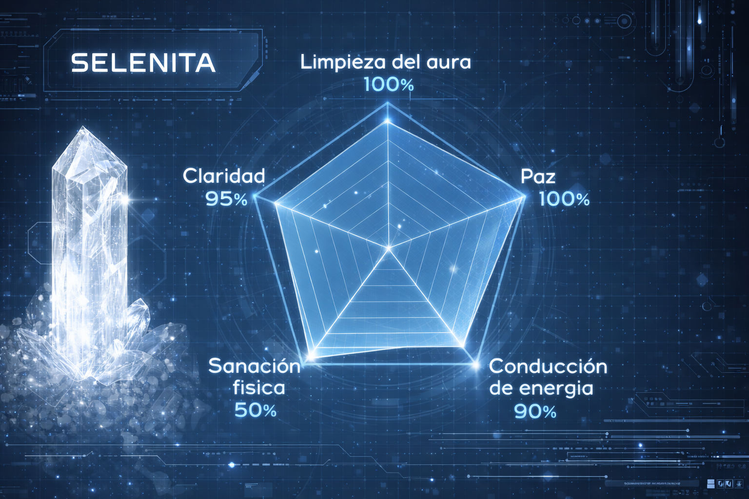Gráfico de radar de la Selenita destacando su máxima puntuación en limpieza de aura y paz profunda.