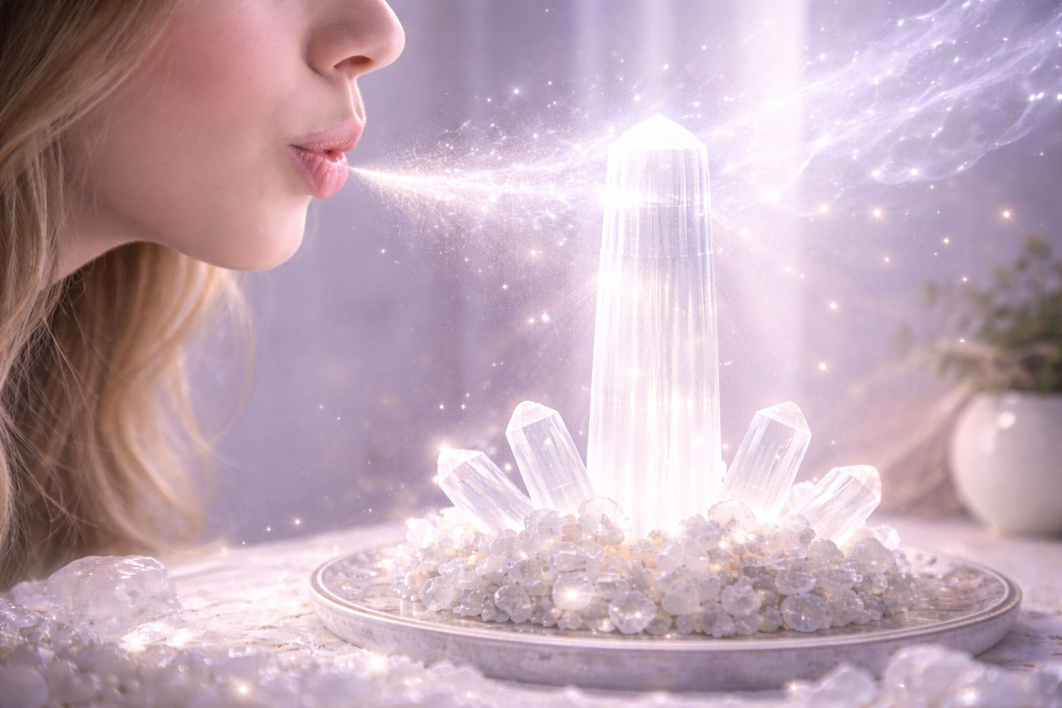 Exhala suavemente sobre el cristal con la intención de purificarlo, usando tu propia energía vital. Es un método rápido para reconectar con la gema antes de un trabajo de meditación o sanación.