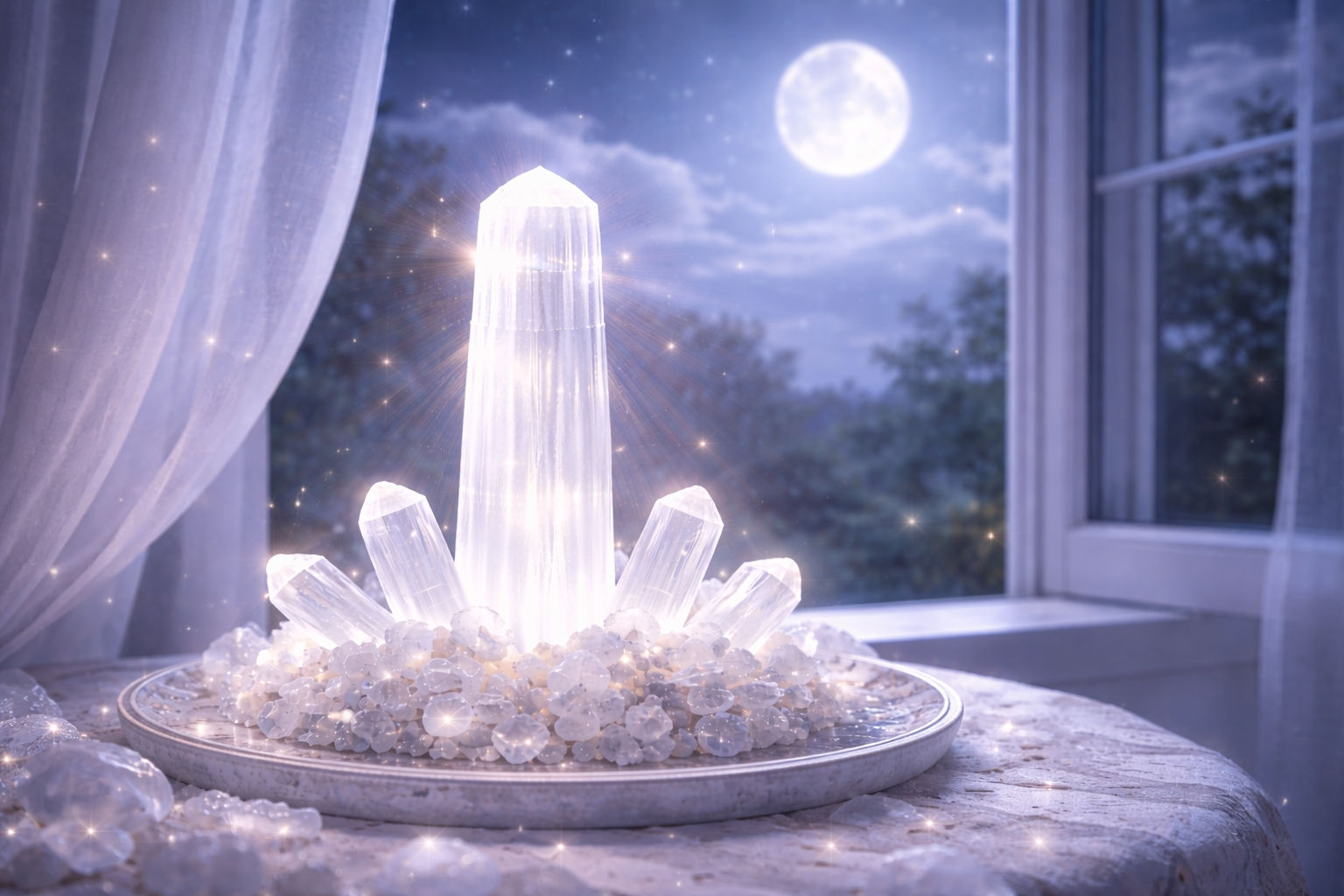 Coloca la selenita en una ventana donde reciba la luz lunar directa durante toda la noche. Es su fuente de energía original; la luna recarga sus