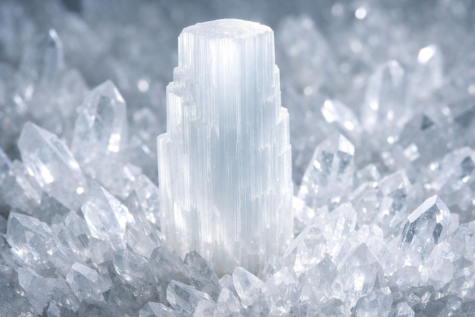 Deja la selenita sobre un lecho de cristales de roca para que su vibración se mantenga en el rango más alto. Esto crea un bucle de retroalimentación de luz blanca que mantiene el cristal en estado óptimo.
