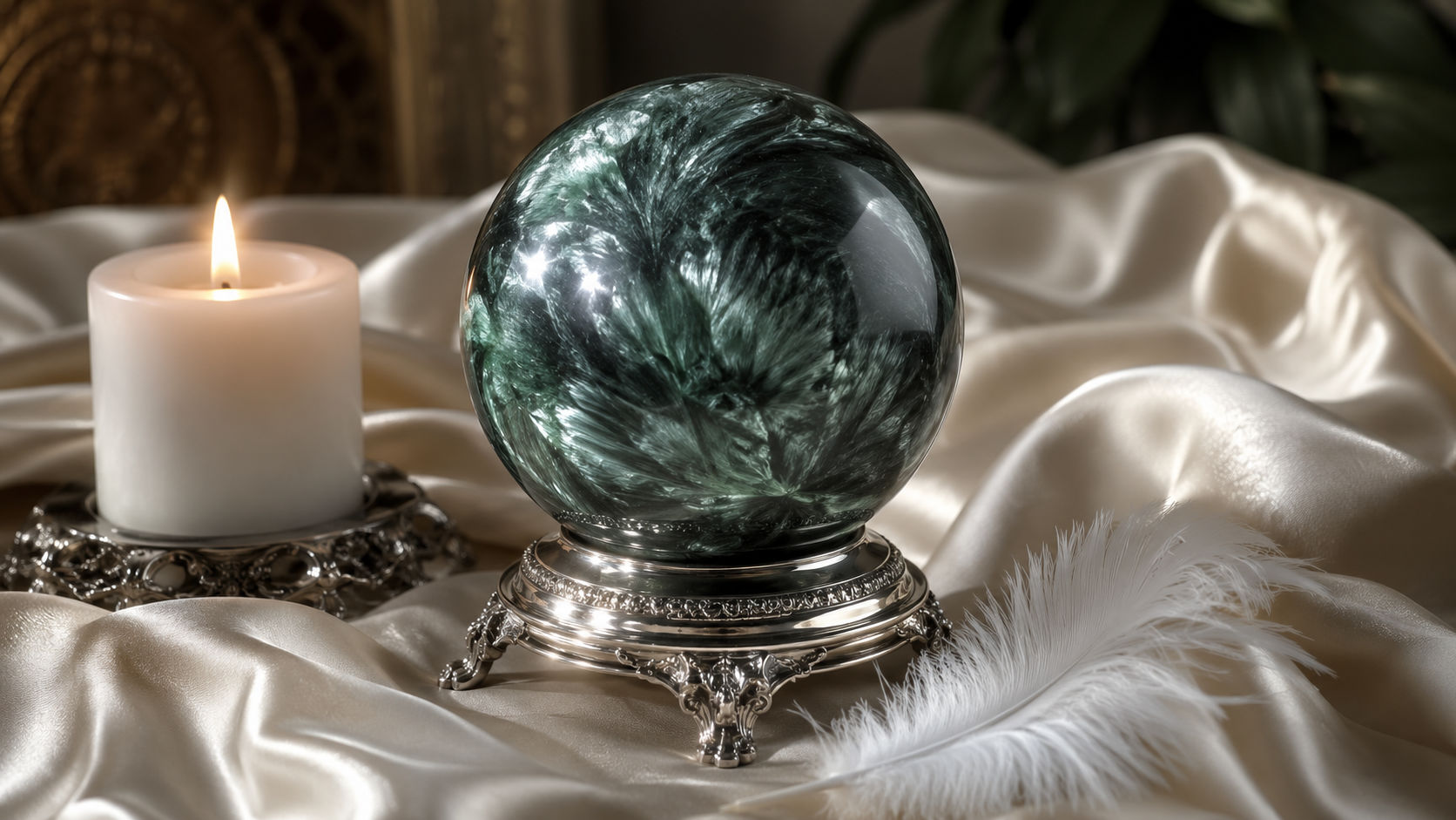 Esfera de Serafinita dispuesta en el altar místico para invocar la protección y los mensajes de las huestes angélicas.