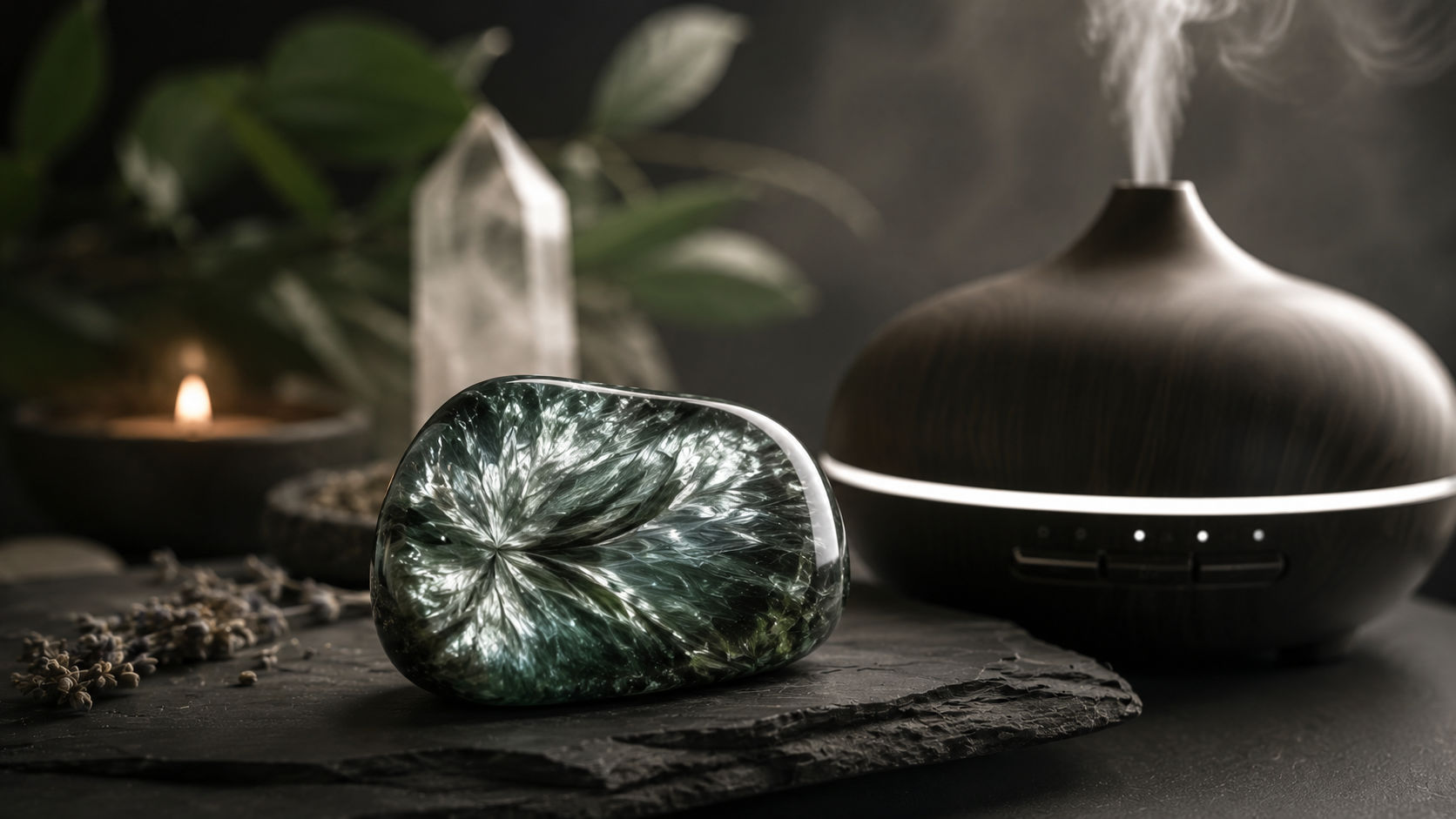 Serafinita junto a un difusor de aroma para enriquecer el ambiente con una energía regeneradora.