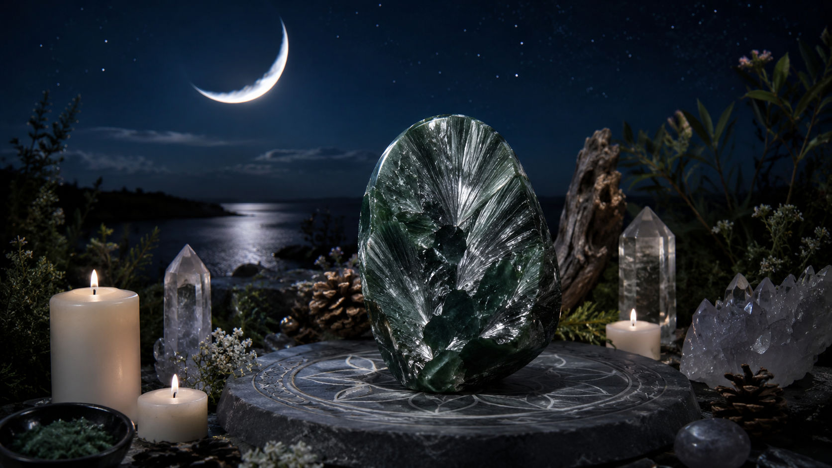 Expón la gema directamente a los rayos lunares en un altar exterior durante toda la noche. La medicina de la reina de la noche alimentará las plumas plateadas del cristal, expandiendo su capacidad de sanación espiritual.