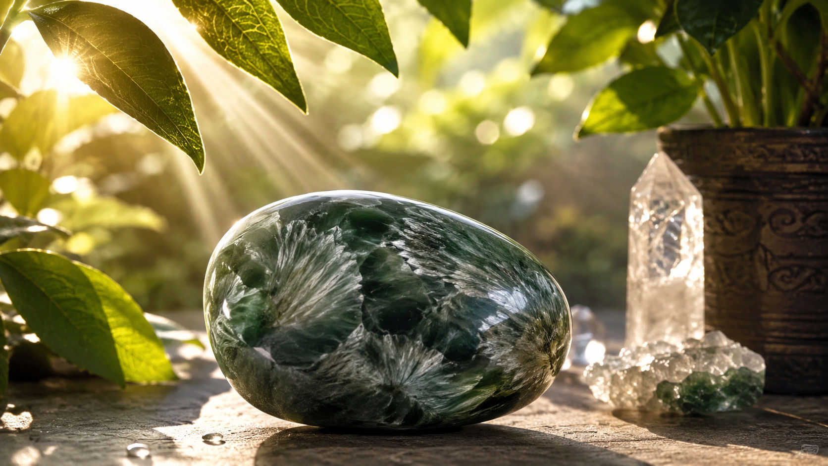 Permite que el cristal reciba la claridad de los primeros rayos del día a través de las hojas de una planta protectora. Esta iluminación suave despierta la fuerza vital del verde bosque de la gema sin dañar su delicada matriz sutil.