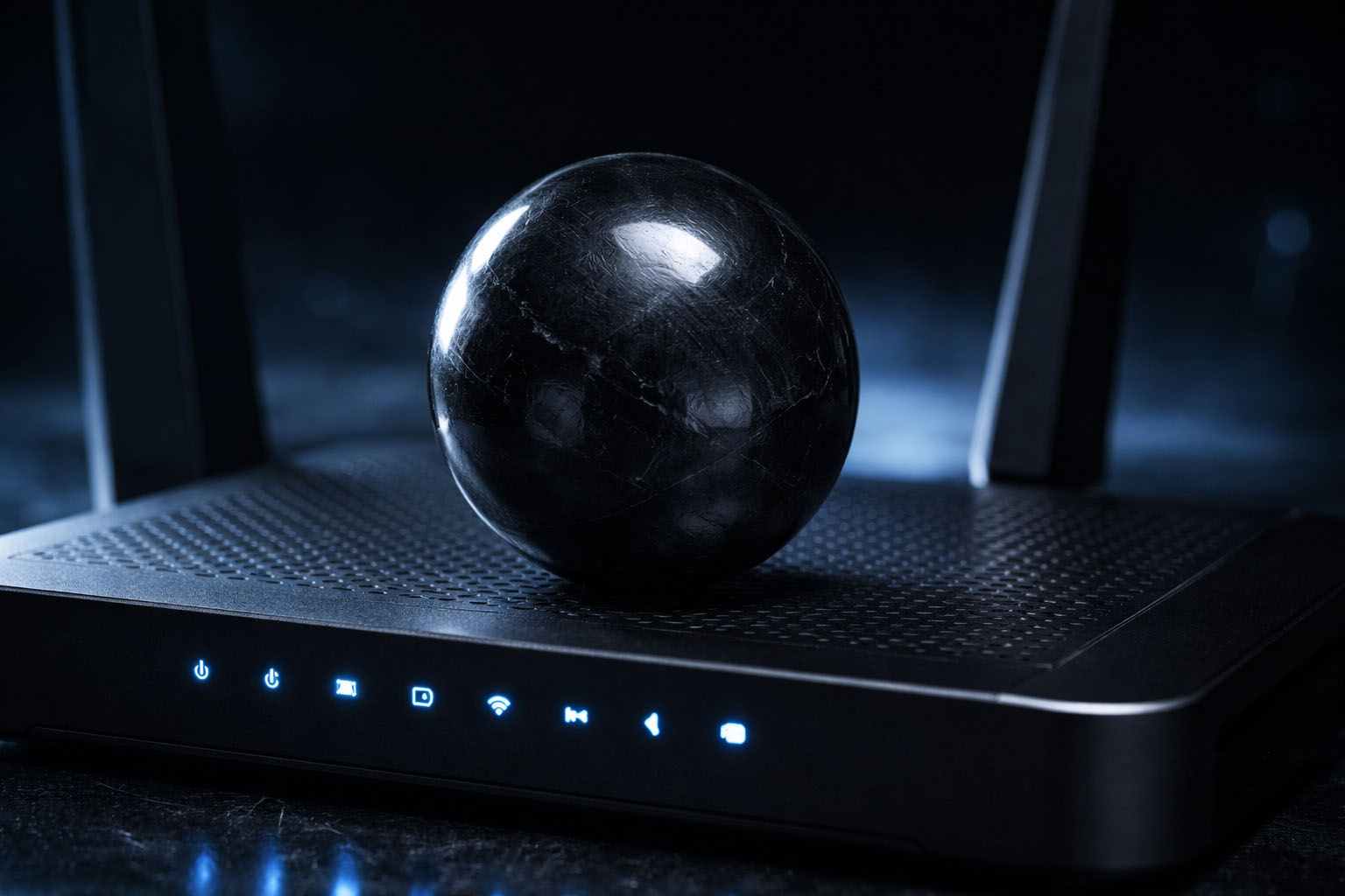 Esfera de Shungit pulida colocada sobre un router Wi-Fi moderno con luces LED azules, ilustrando la neutralización de ondas electromagnéticas en el hogar.