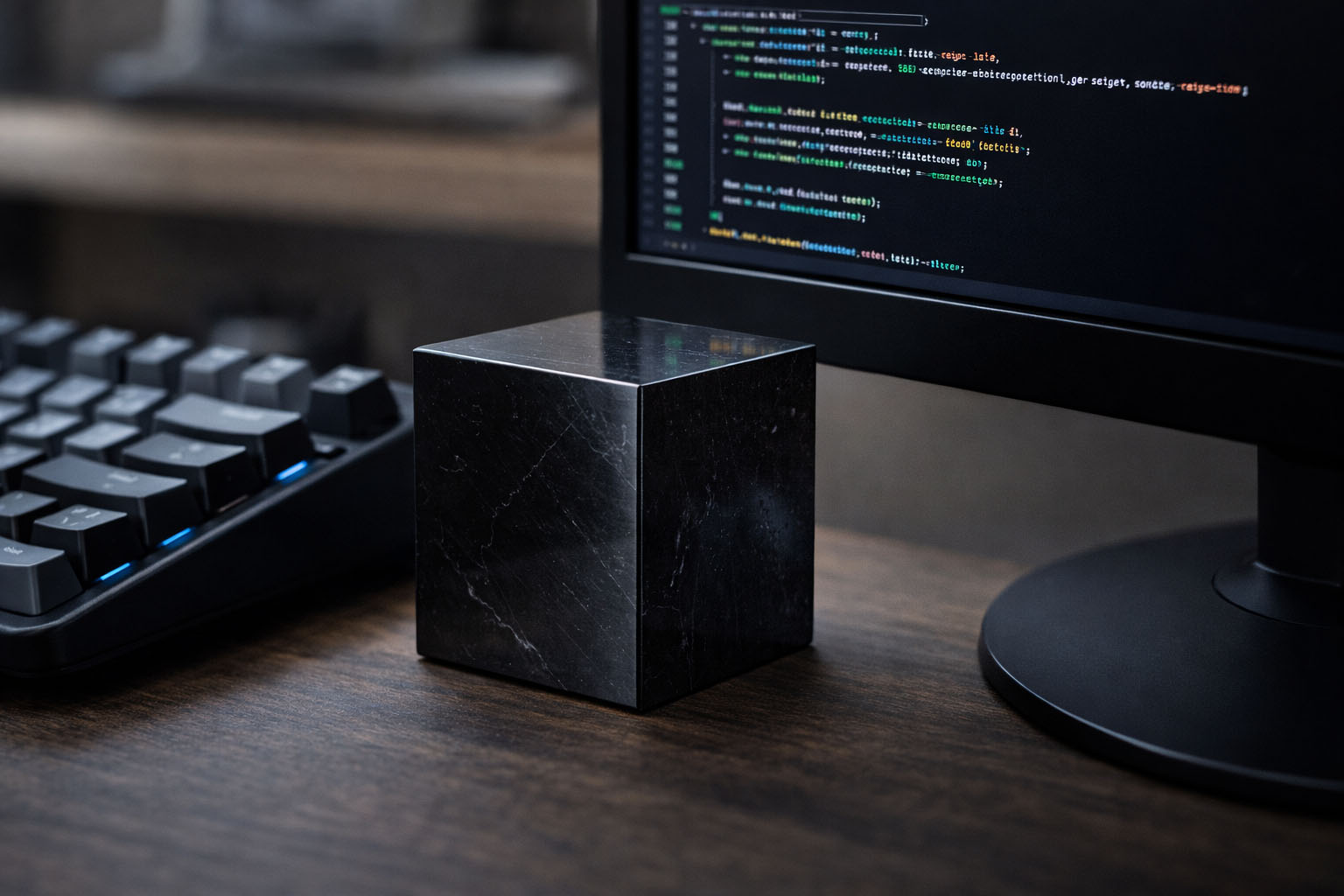 Cubo de Shungit negra situado entre un teclado mecánico y un monitor con líneas de código, representando la protección energética para programadores.