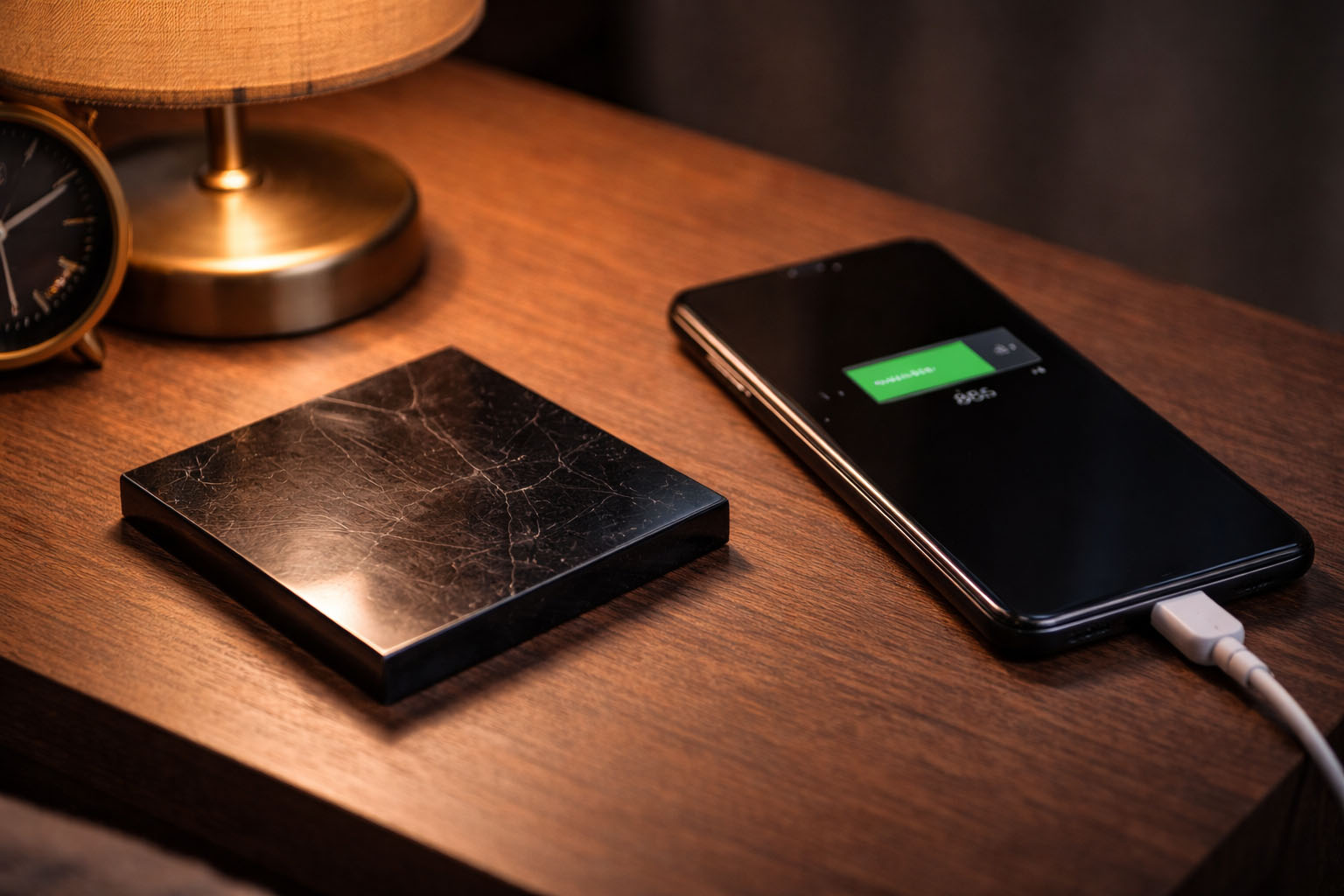 Placa de Shungit pulida en una mesa de noche junto a un smartphone cargando, diseñada para absorber la radiación del dispositivo durante el sueño.
