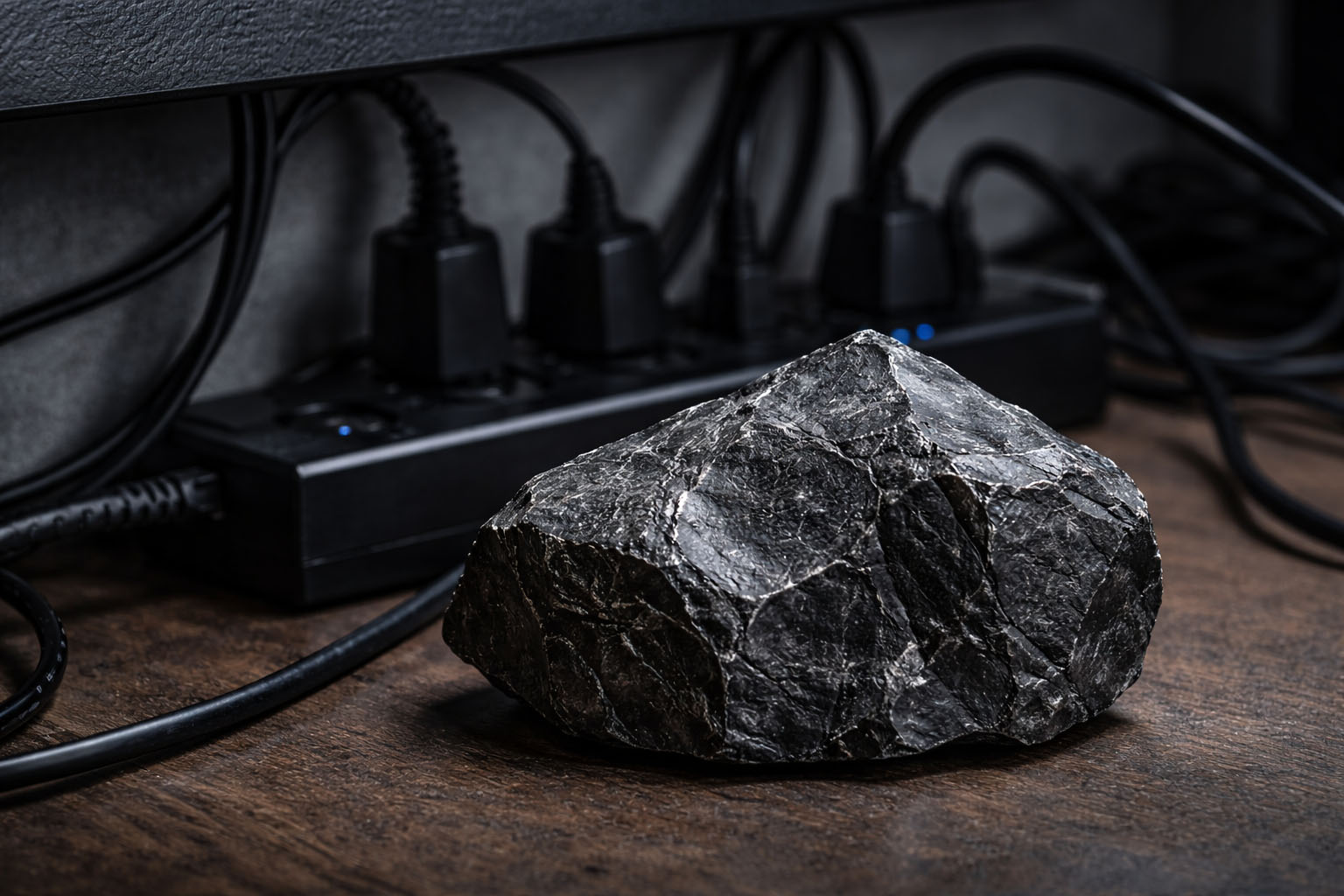 Mineral de Shungit en bruto ubicado junto a una regleta de enchufes y cables de alimentación para estabilizar el campo eléctrico del área de trabajo.