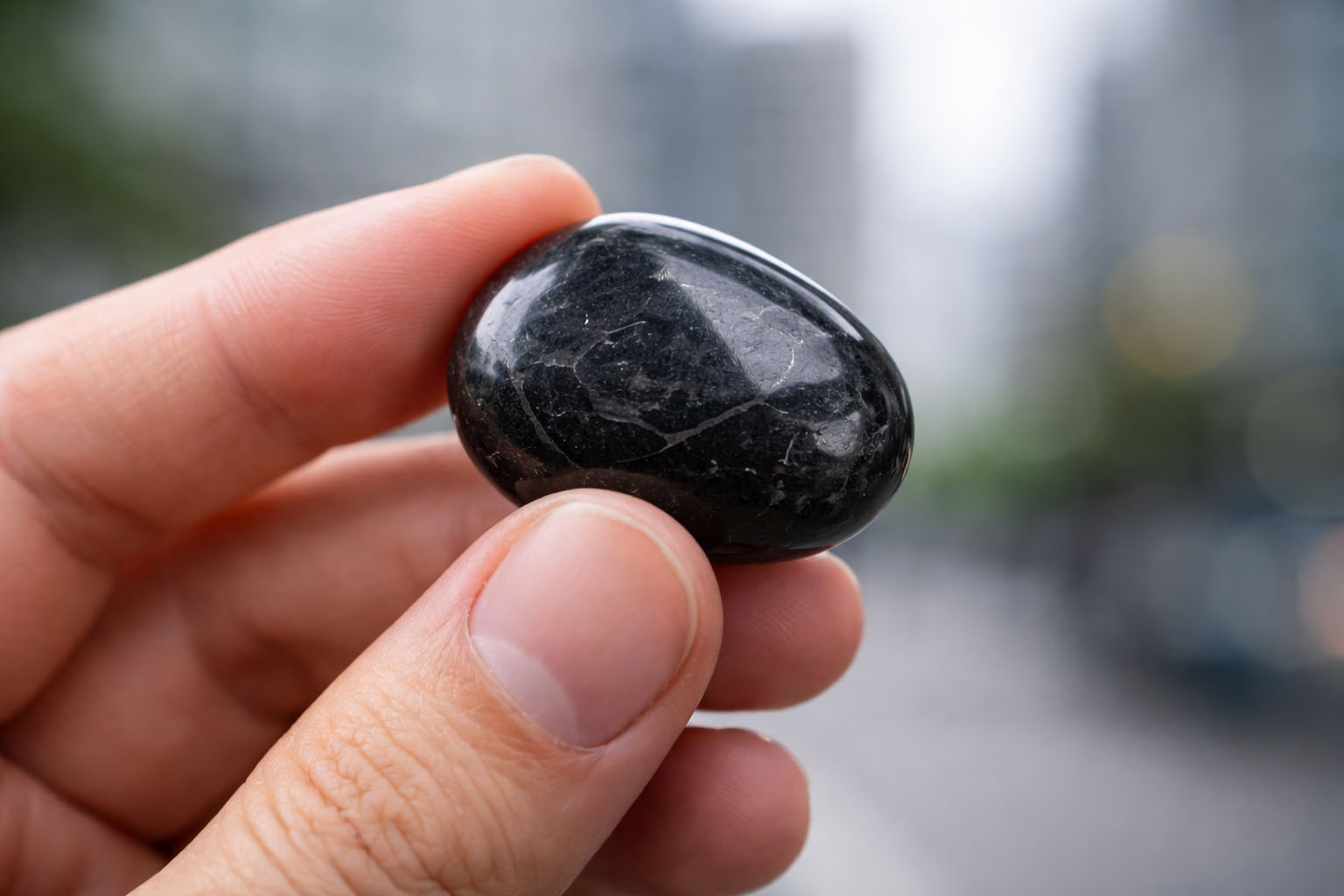 Primer plano de una mano sosteniendo una piedra Shungit rodada y suave, ideal para mantener el enraizamiento y la protección personal en entornos urbanos.
