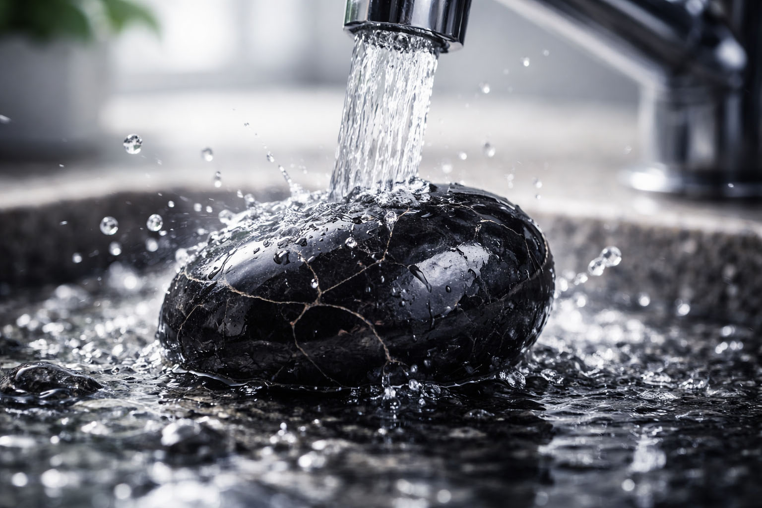 Colocá la piedra bajo el chorro de agua fría de la canilla (o mejor si es agua de río o lluvia) durante 2 o 3 minutos. El agua actúa como un conductor que arrastra las cargas ionizadas acumuladas.
