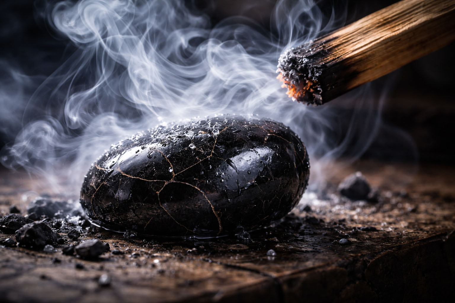 Pasá la Shungit por el humo denso de Palo Santo o Copal. El humo penetra en la porosidad energética del carbono, neutralizando las frecuencias de baja vibración sin afectar la integridad física del mineral. Es el método ideal si tenés la piedra pegada a un router o servidor.