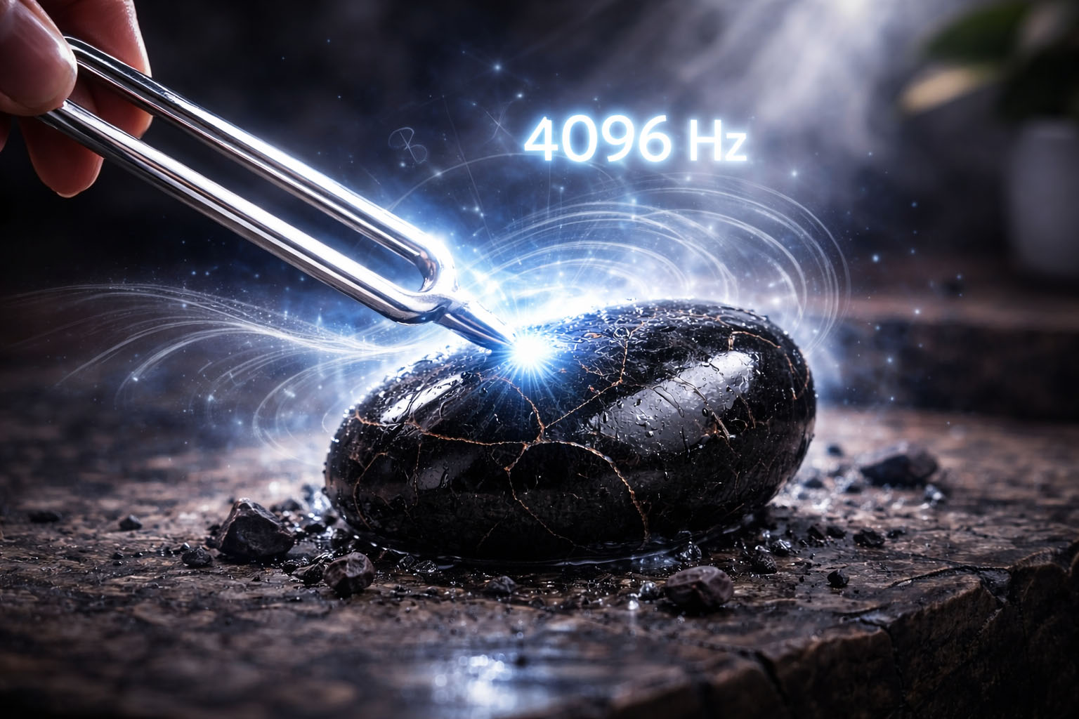 Exponé la piedra al sonido de un cuenco de cuarzo, un diapasón en 4096 Hz o incluso un audio de frecuencias Solfeggio (528 Hz). La vibración sónica reordena las moléculas de carbono, expulsando la