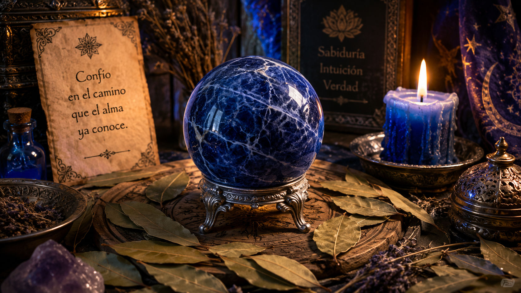 Esfera de Sodalita en el altar sagrado para expandir la percepción psíquica y la claridad.