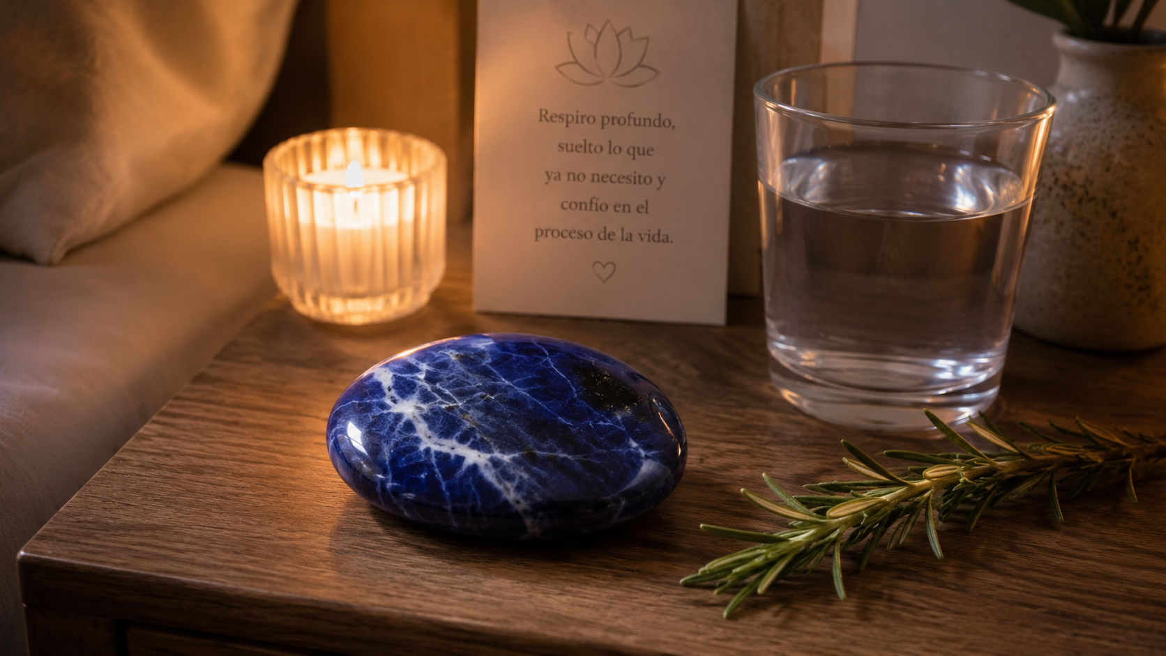 Sodalita junto a la cama para calmar el flujo de pensamientos antes de dormir.