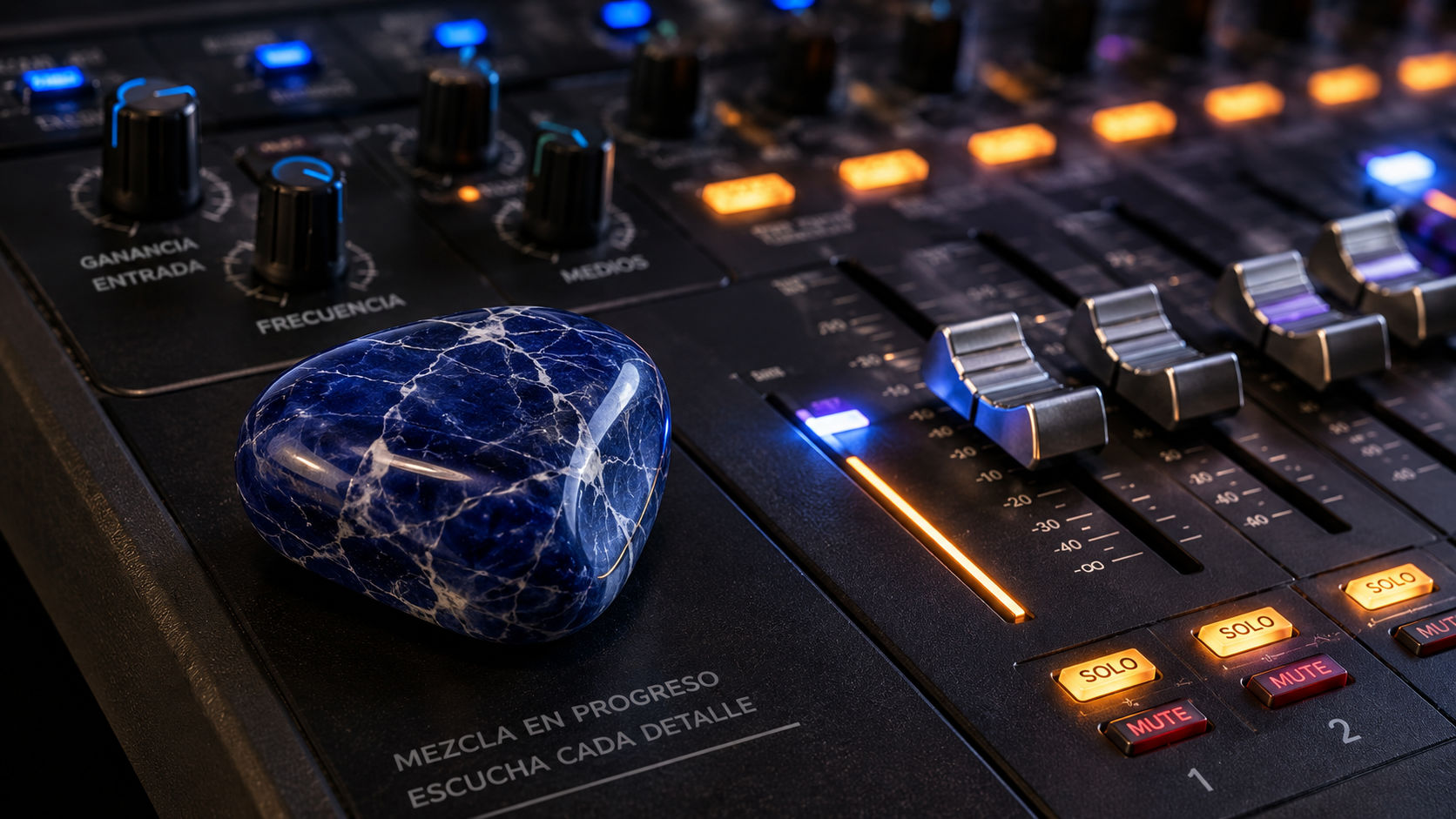 Piedra rodada de Sodalita junto a un panel de control de audio para mantener el enfoque en la edición.