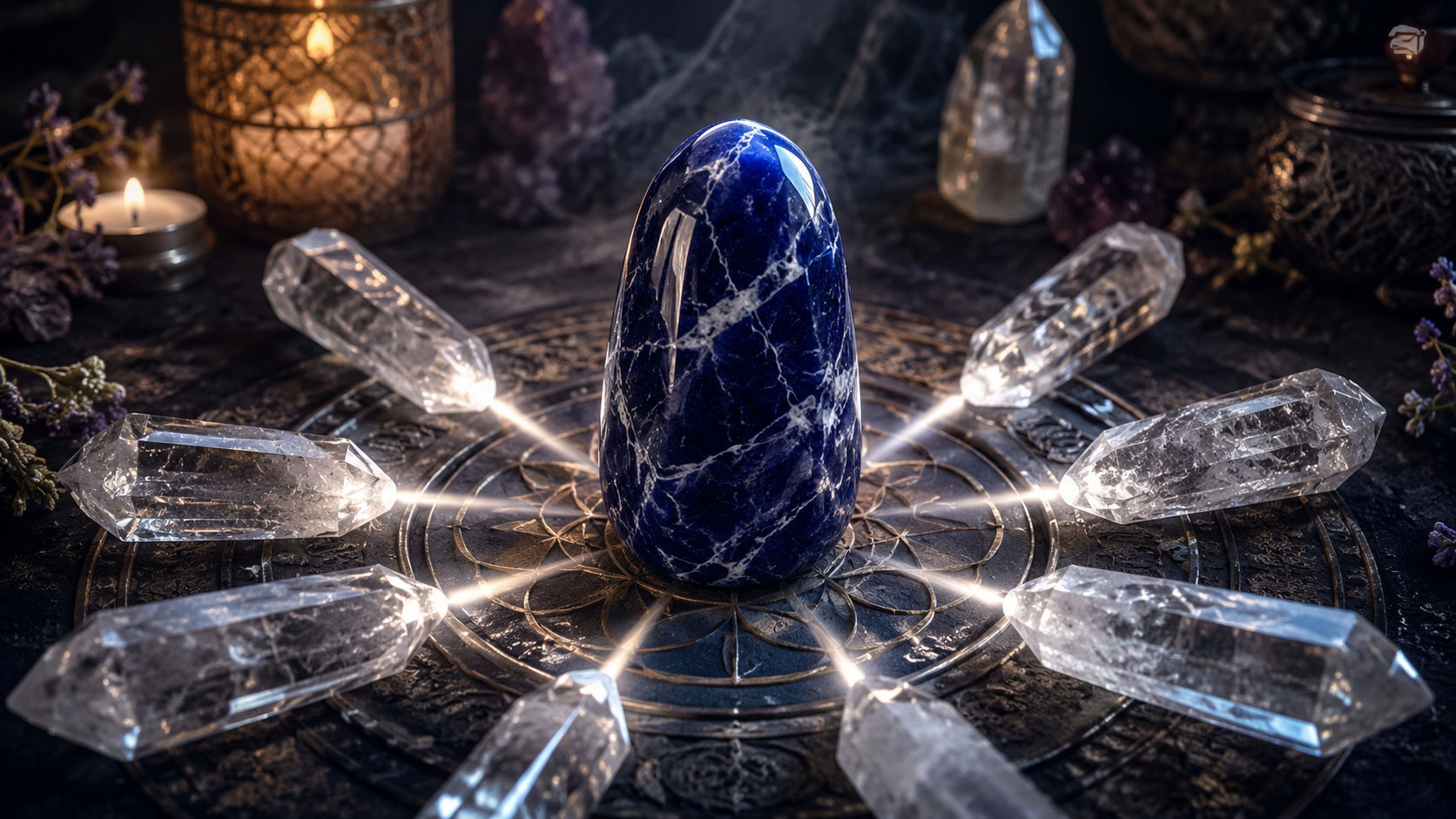 Rodea la Sodalita con pequeños cristales de cuarzo orientados hacia ella para revitalizar su emisor energético. Los cuarzos funcionarán como canalizadores de luz blanca que rellenarán de fuerza el centro azul de la piedra.