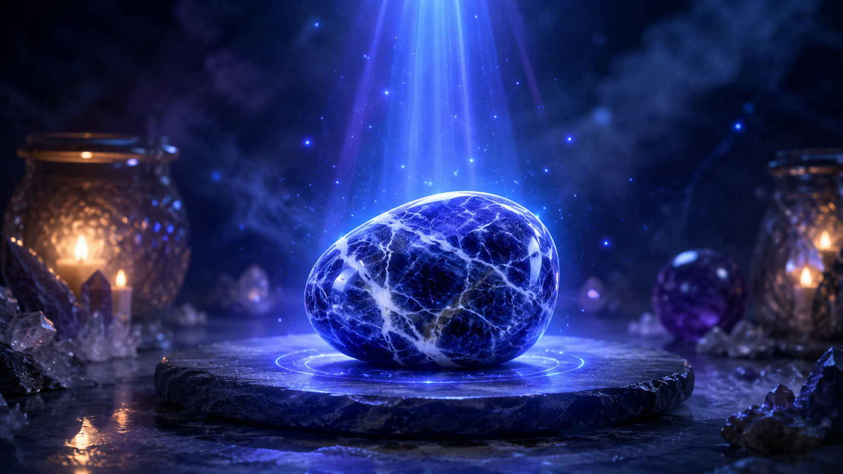 Sostén el cristal entre tus palmas y visualiza un rayo de luz índigo que desciende del cosmos y enciende su núcleo. Este acto sintoniza tu voluntad mágica con la vibración arquetípica de la piedra, dejándola lista para el trabajo sagrado.