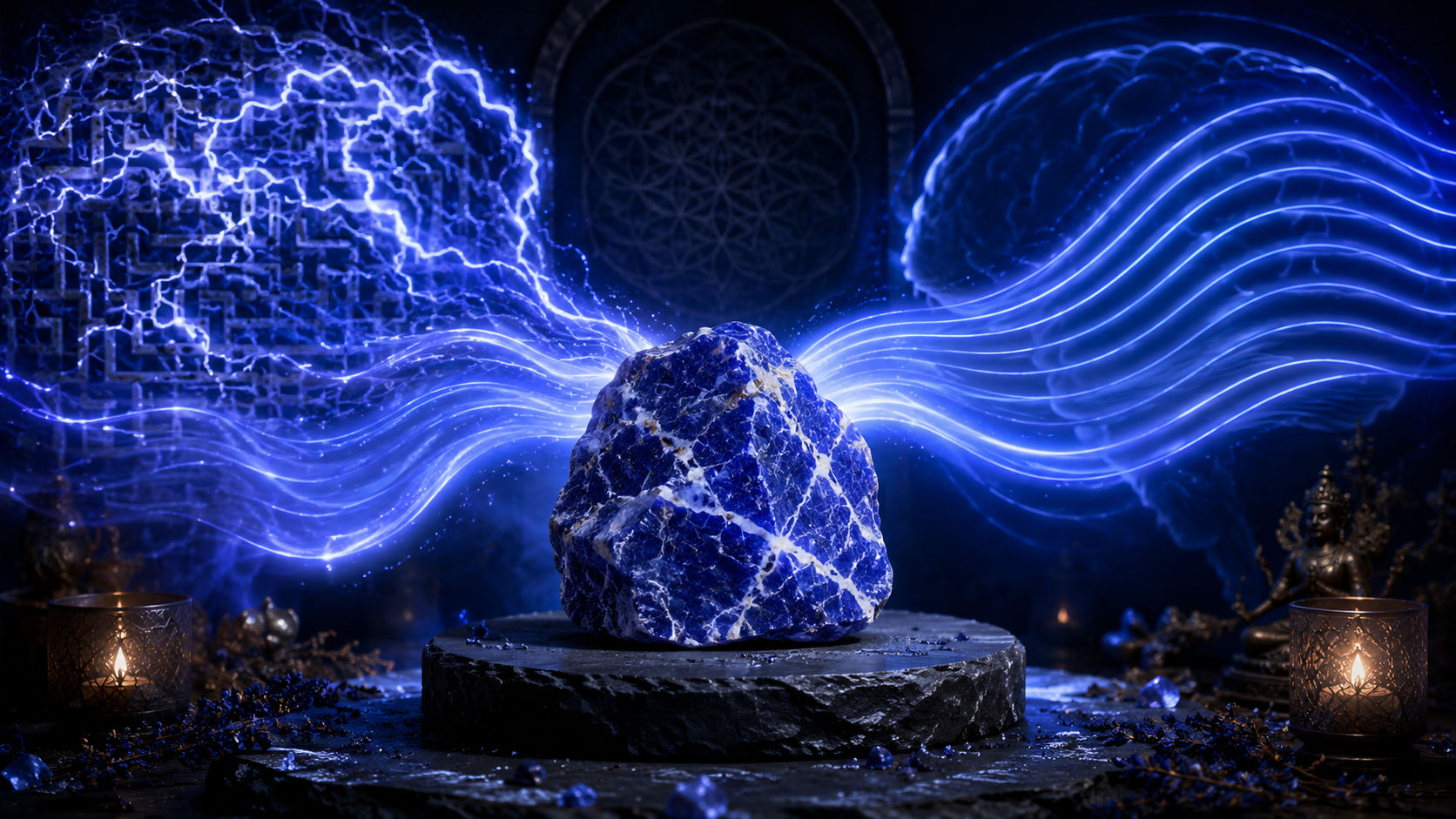 Cristal de Sodalita emitiendo ondas de luz índigo para calmar la mente hiperactiva y el sobrepensamiento.