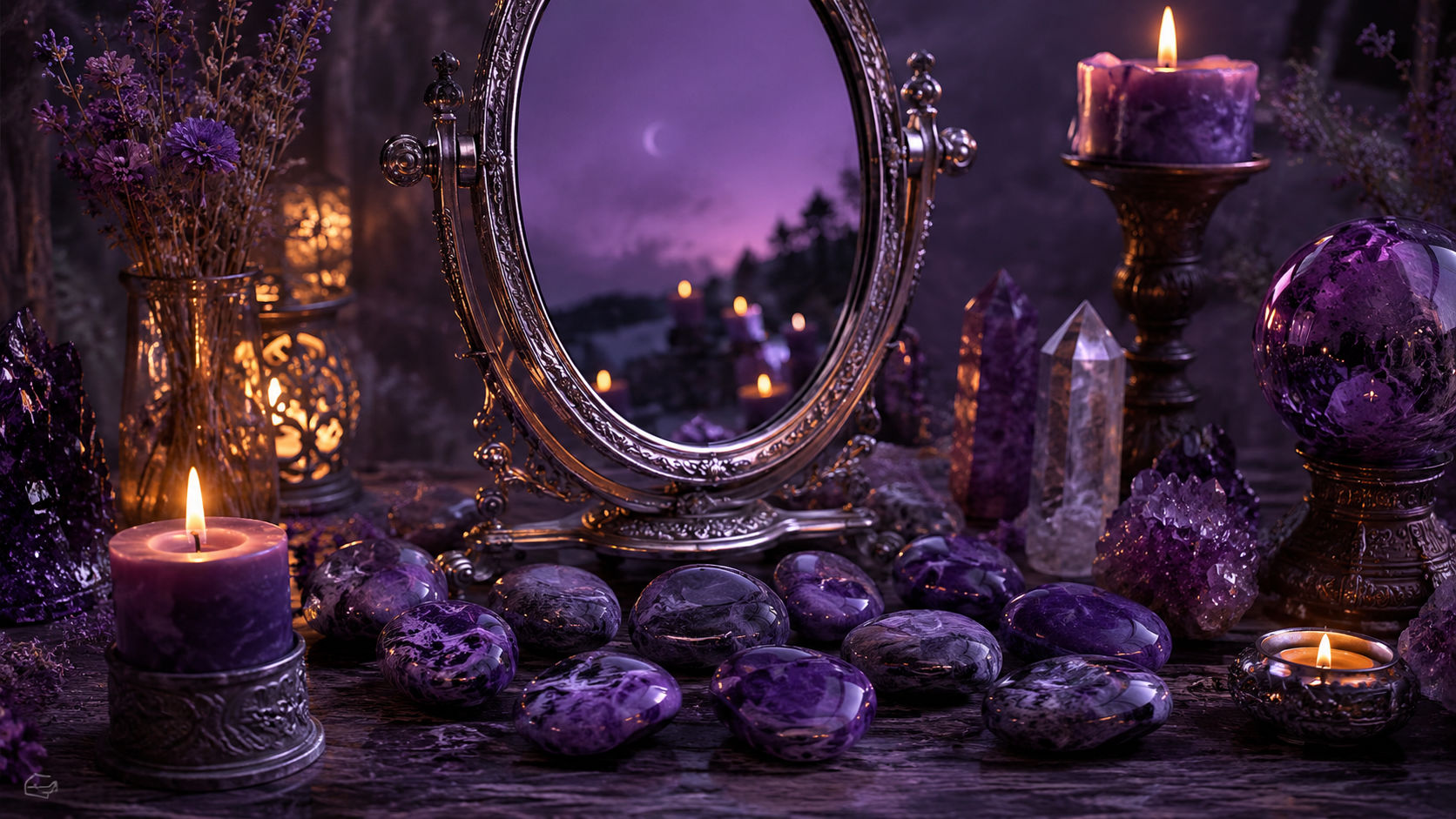 Piedras de Sugilita frente al espejo para transmutar los dolores del pasado y abrazar la sabiduría interna.