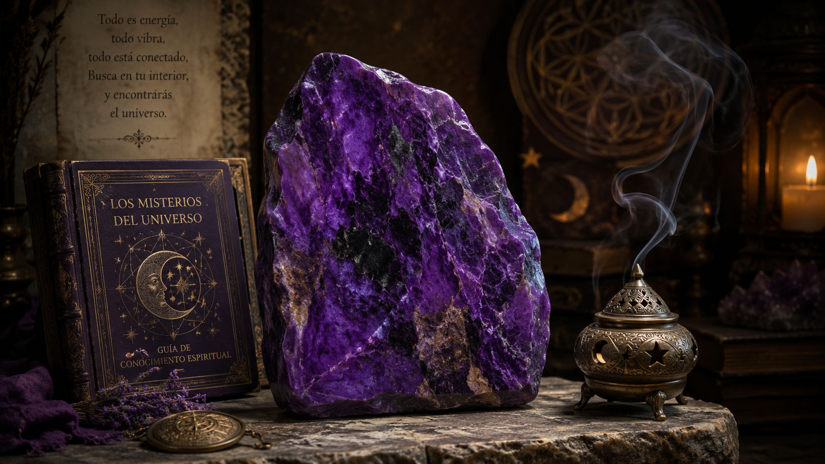 Espécimen de Sugilita en el rincón meditativo para silenciar el ego y conectar con las huestes celestiales.