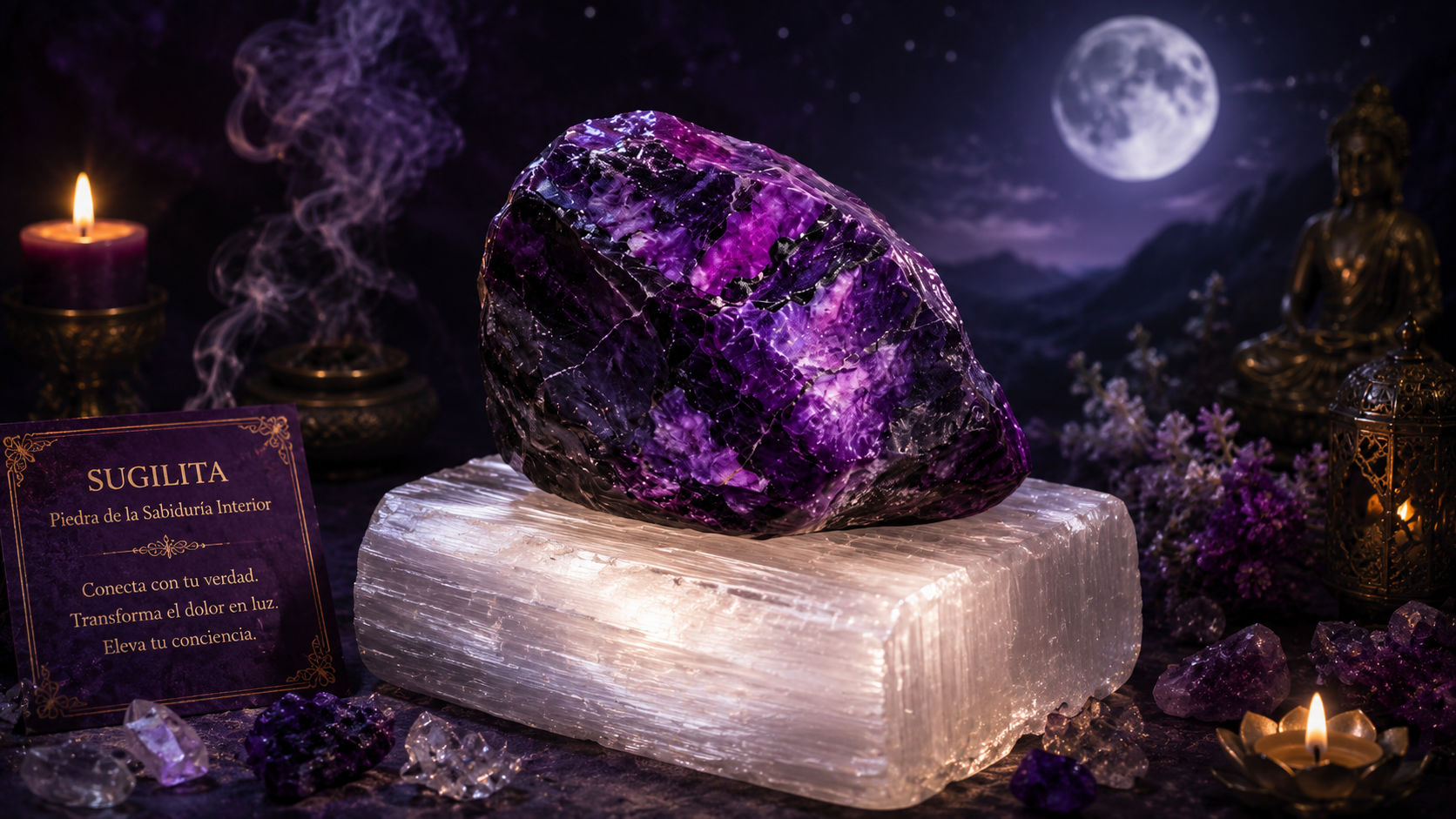 Reposa la Sugilita sobre un bloque de Selenita durante una noche entera, preferiblemente bajo un cielo despejado. La pureza inmaculada de la Selenita extraerá las memorias de dolor acumuladas en el cristal morado, devolviéndole su sintonía original.