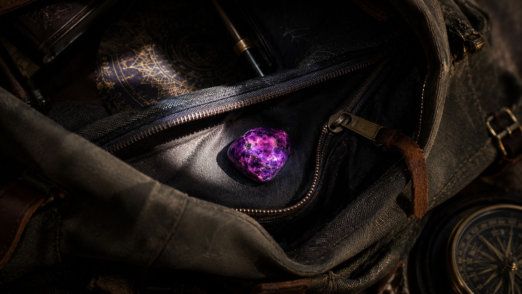 Piedra rodada de Sugilita en el bolsillo de la mochila para resguardar el aura durante el transporte.