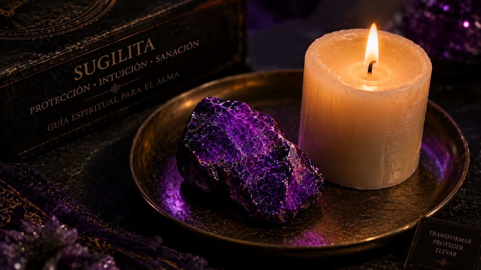 Cluster de Sugilita junto a una vela ritual para elevar la frecuencia de las intenciones en Umbral Astral.