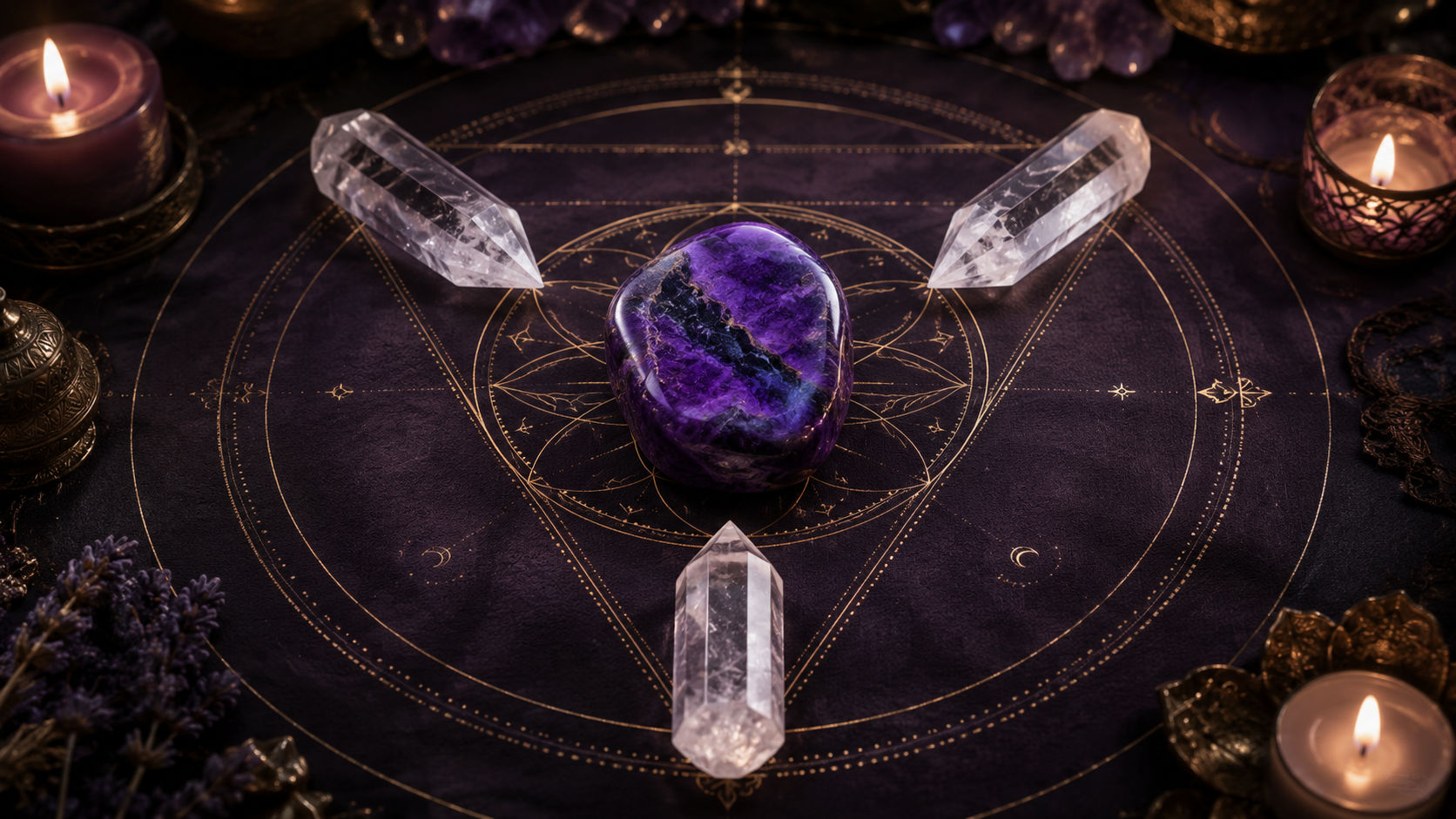 Coloca la Sugilita en el centro de un triángulo formado por tres cristales hialinos apuntando directamente hacia ella. Este mandala focalizará la luz del plano sutil en el corazón del mineral, potenciando su capacidad de transmutación.