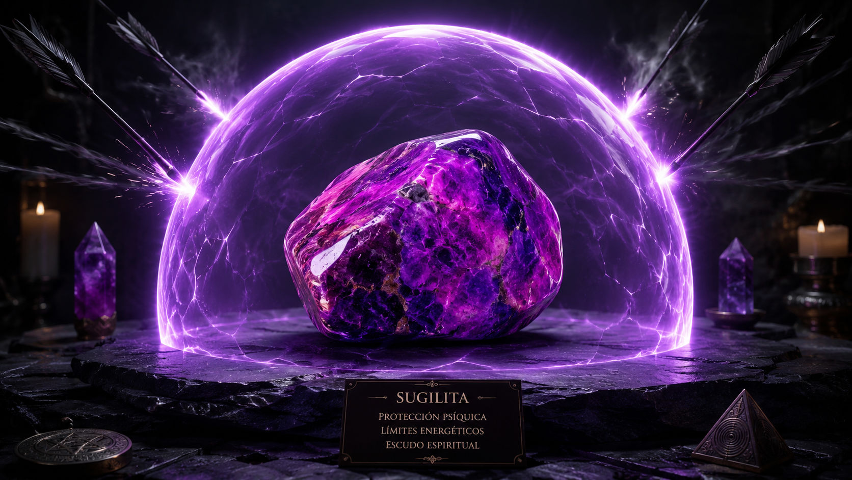 Gema de Sugilita emitiendo un escudo de luz magenta para proteger a personas altamente sensibles.