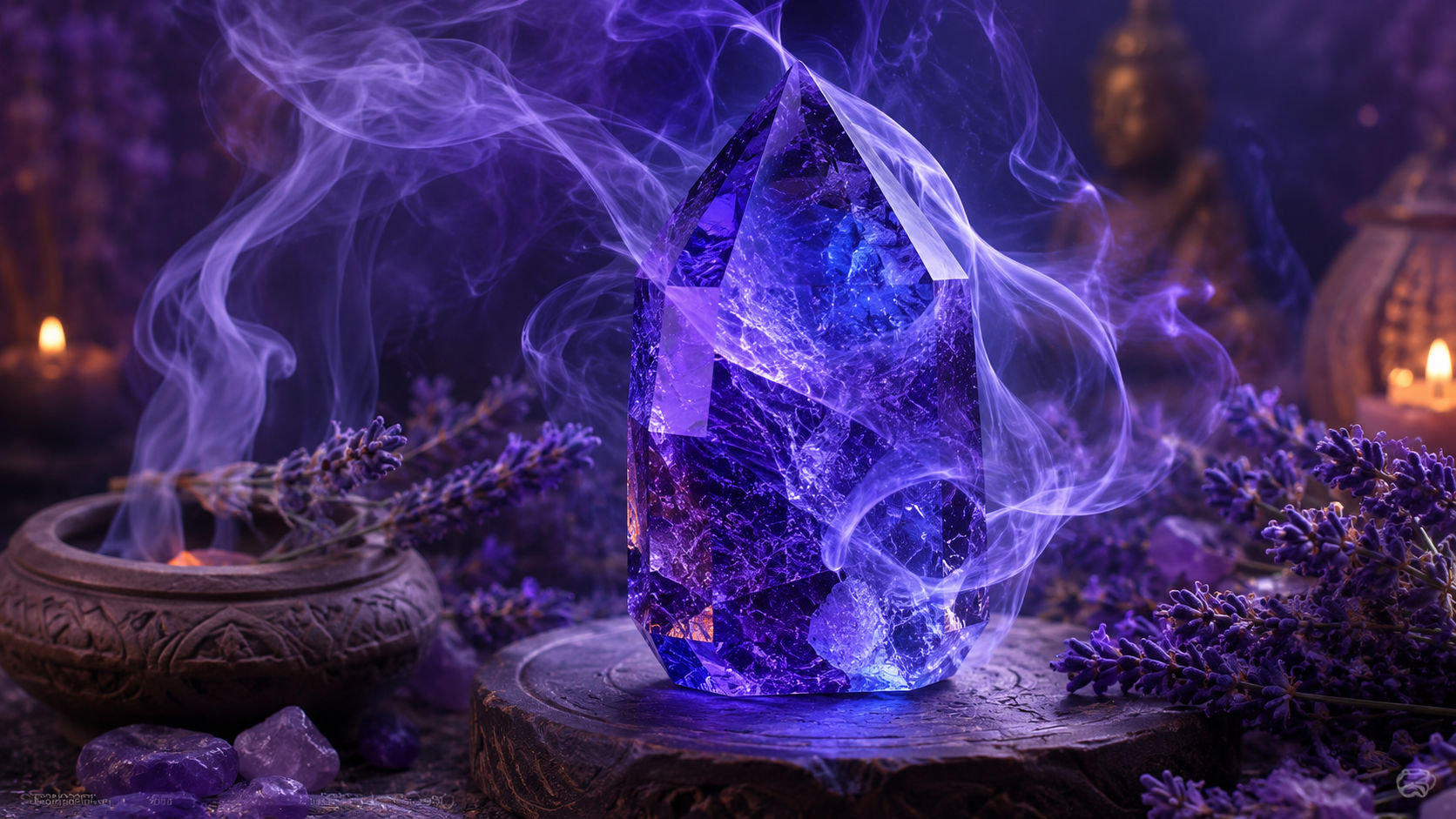 Pasa el cristal varias veces a través de las espirales de humo de estas hierbas consagradas a la espiritualidad y la paz.
