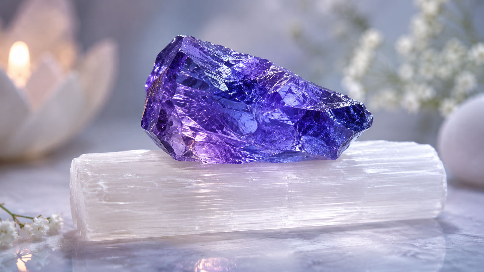 Deposita tu Tanzanita encima de un trozo de Selenita o dentro de una geode de Cuarzo Transparente durante unas horas. La luz blanca y fluida de estos minerales absorberá cualquier adherencia grisácea sin alterar la matriz de tu amuleto.