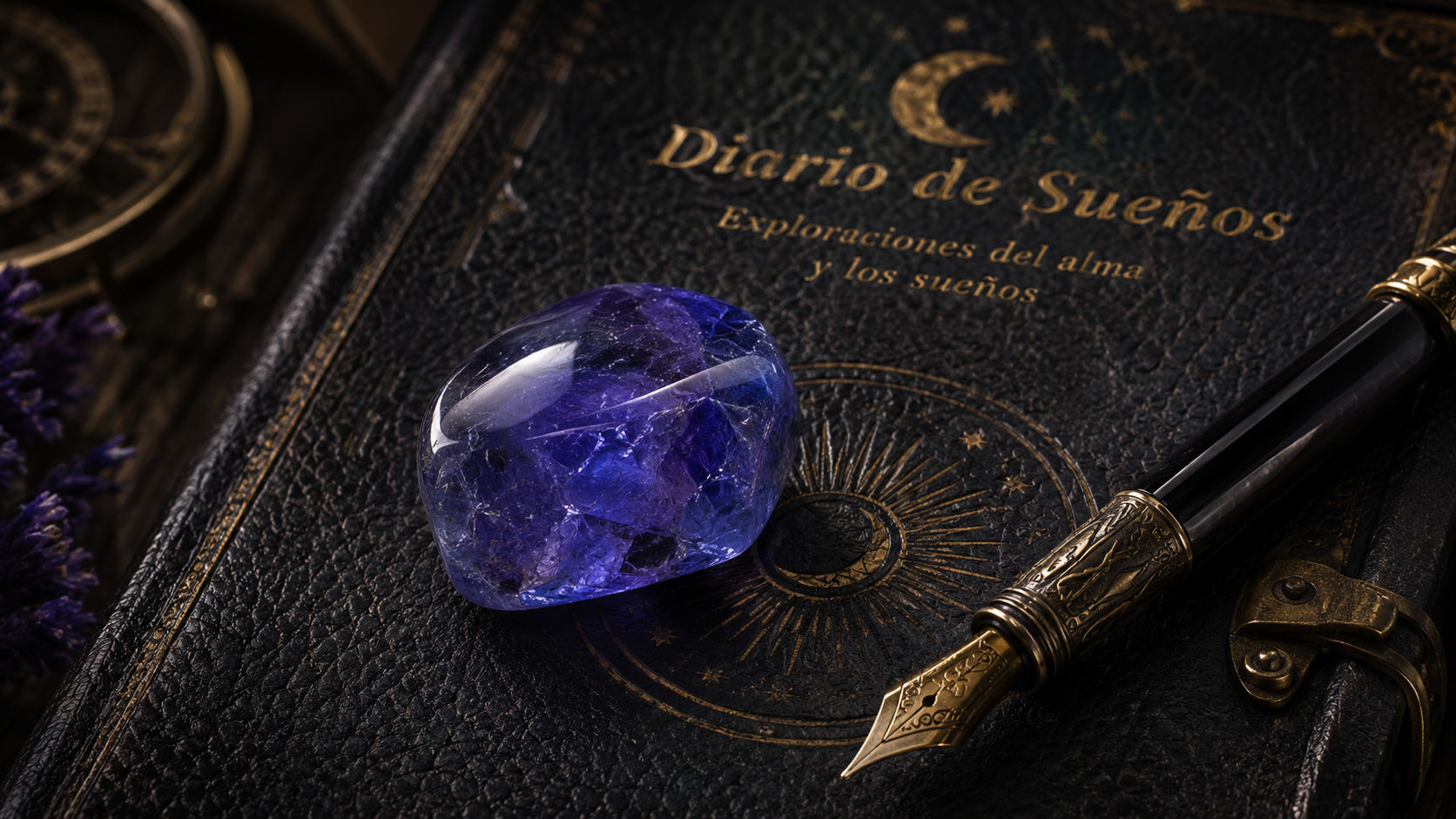 Piedra de Tanzanita sobre un diario de sueños para aportar claridad en las revelaciones nocturnas.