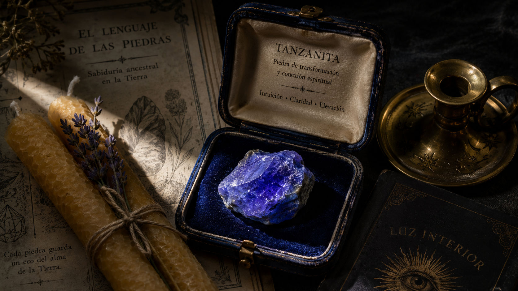 Especimen de Tanzanita junto a herramientas de fuego ritual para consagrar el altar.