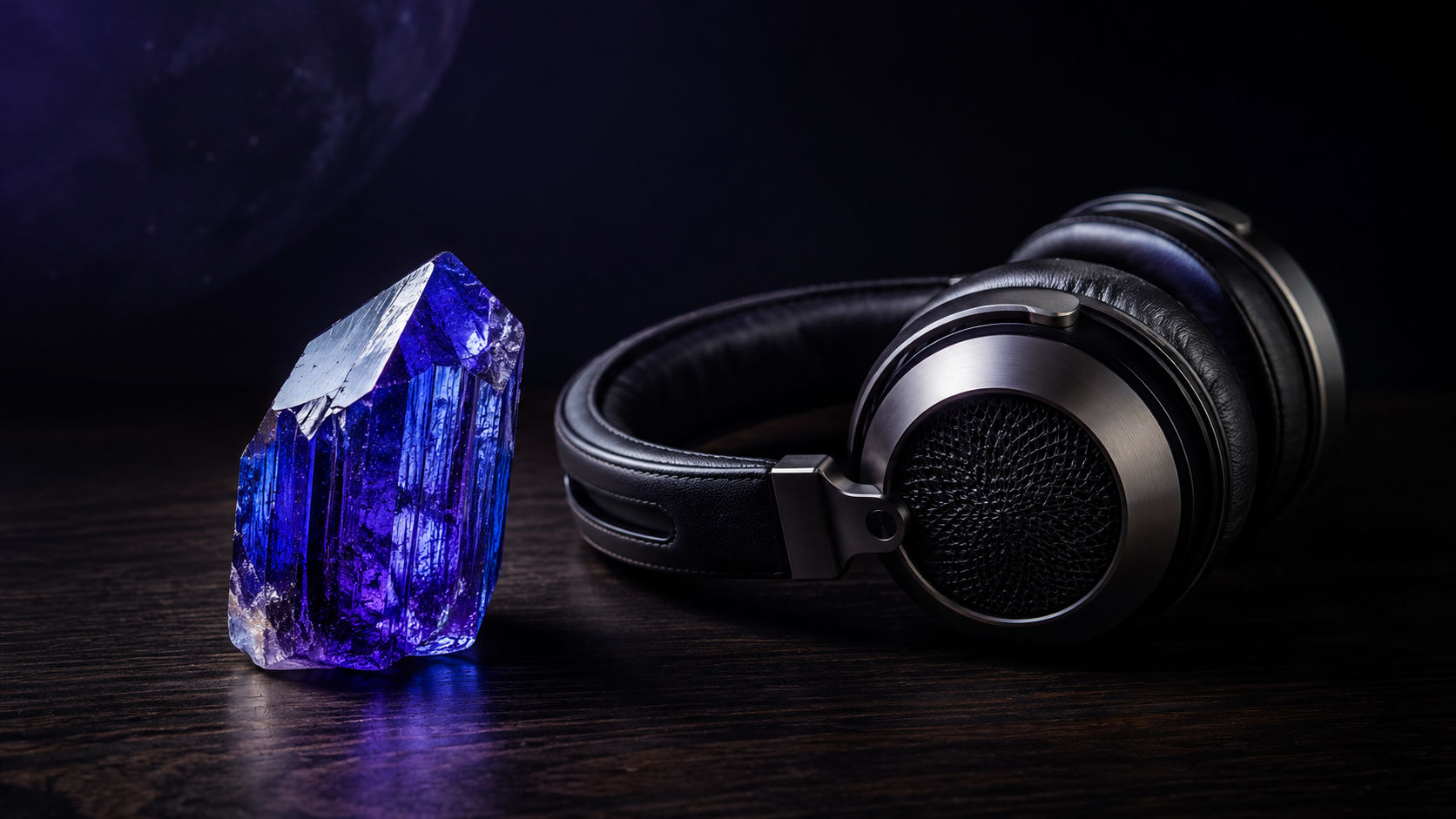 Cristal de Tanzanita junto a auriculares de meditación para potenciar el efecto de las frecuencias sonoras en Umbral Astral.