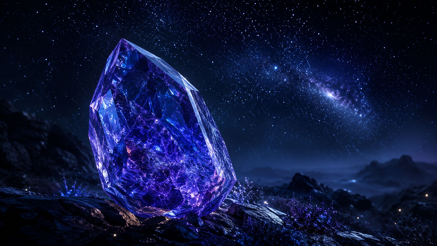 Expón el cristal al firmamento nocturno colocándolo en una ventana donde reciba el baño de luz de la reina de la noche. El magnetismo celeste reavivará los rayos índigos y violetas que otorgan a la gema su poder de transmutación y videncia.