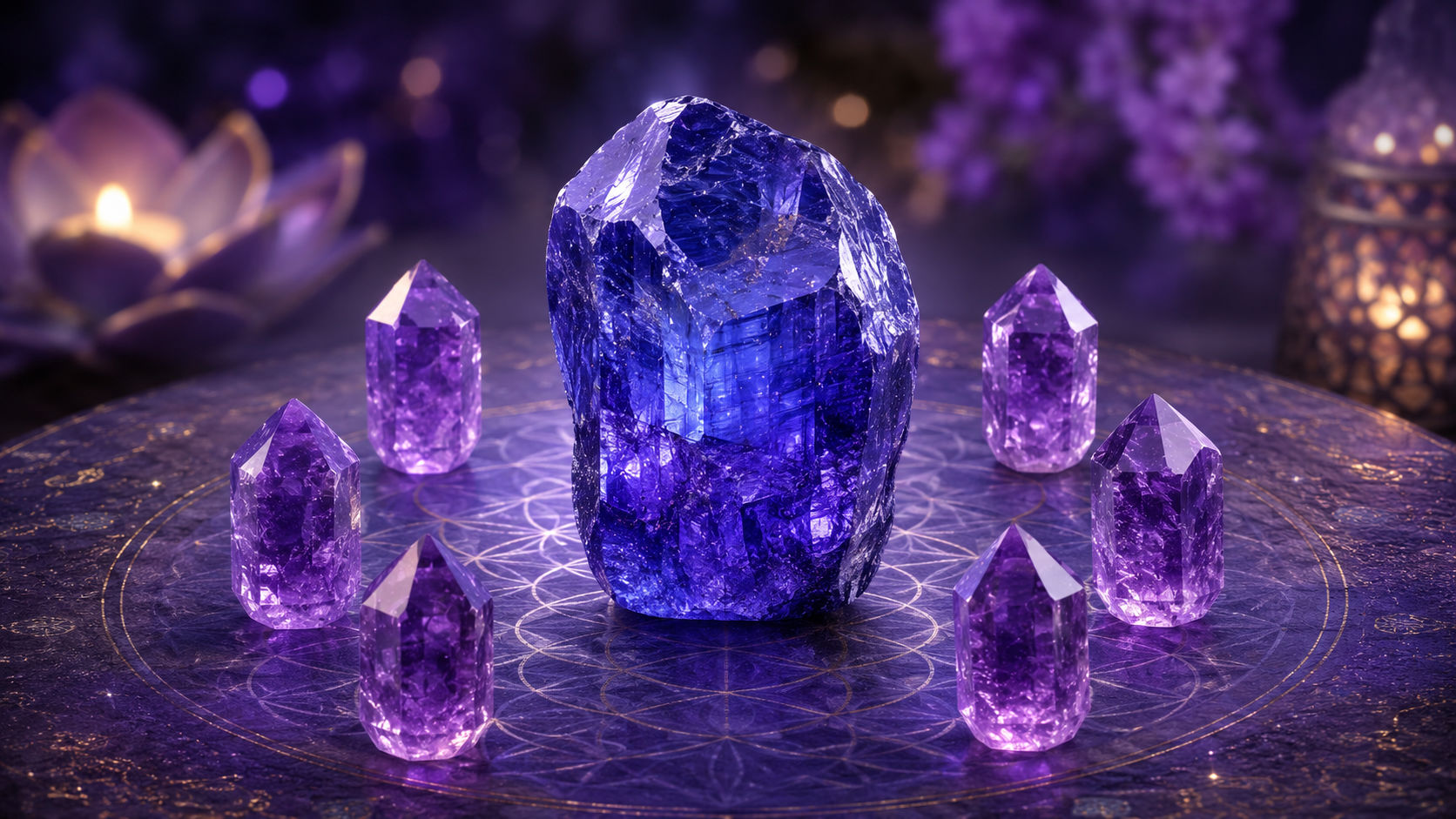 Rodea tu Tanzanita con seis pequeños cristales de Amatista apuntando hacia su centro durante un ciclo de doce horas. Este circuito de transmutación potenciará al máximo su capacidad para canalizar y disolver los velos del ego.