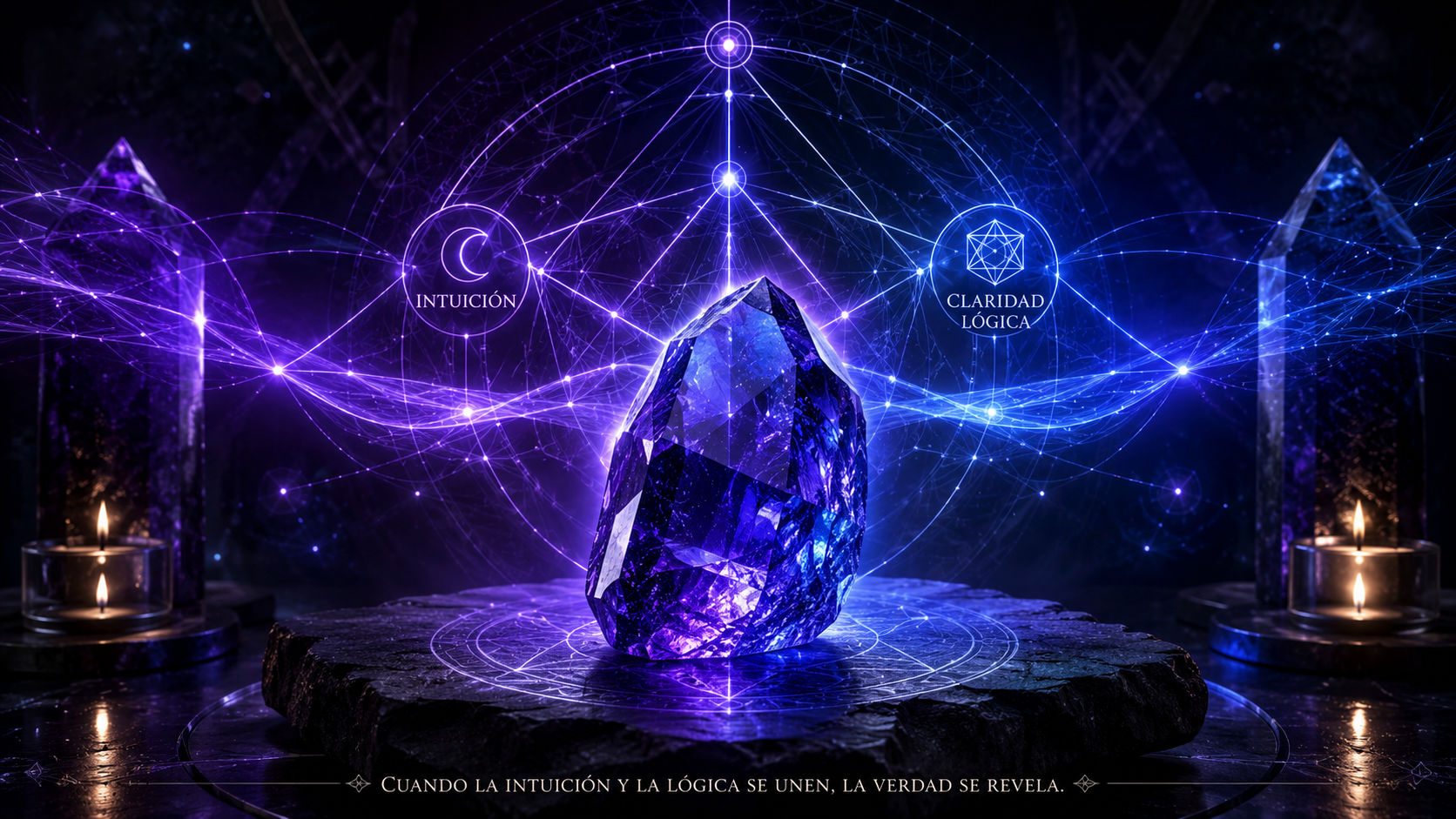 Gema de Tanzanita emitiendo destellos violeta y azul profundo para integrar la intuición con la mente lógica.