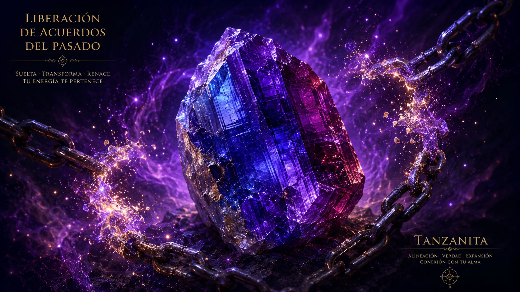 Cristal en bruto de Tanzanita disolviendo cadenas kármicas con su aura de transmutación violeta.