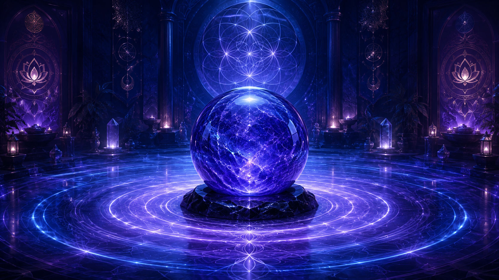 Esfera de Tanzanita emitiendo ondas de luz azul y violeta para elevar la frecuencia meditativa.