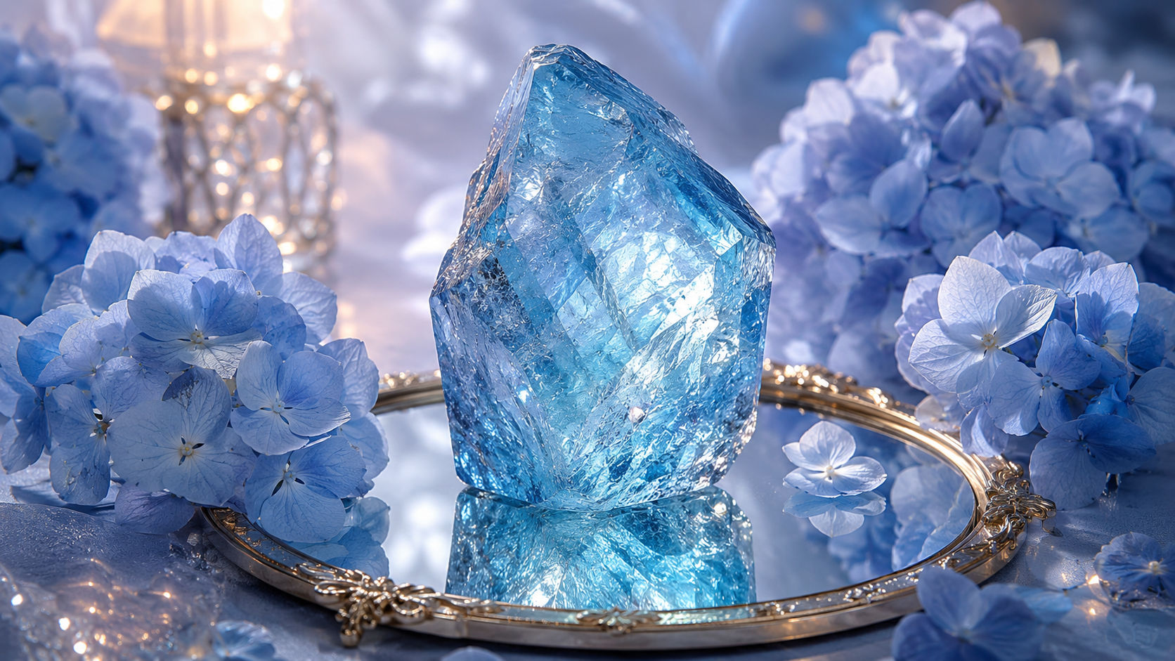 Cristal de Topacio Azul dispuesto en el altar sagrado para abrir los canales de la comunicación verdadera.