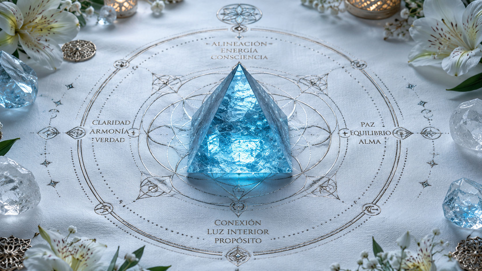 Pirámide de Topacio Azul en el espacio de meditación para facilitar la conexión con los planos de luz.