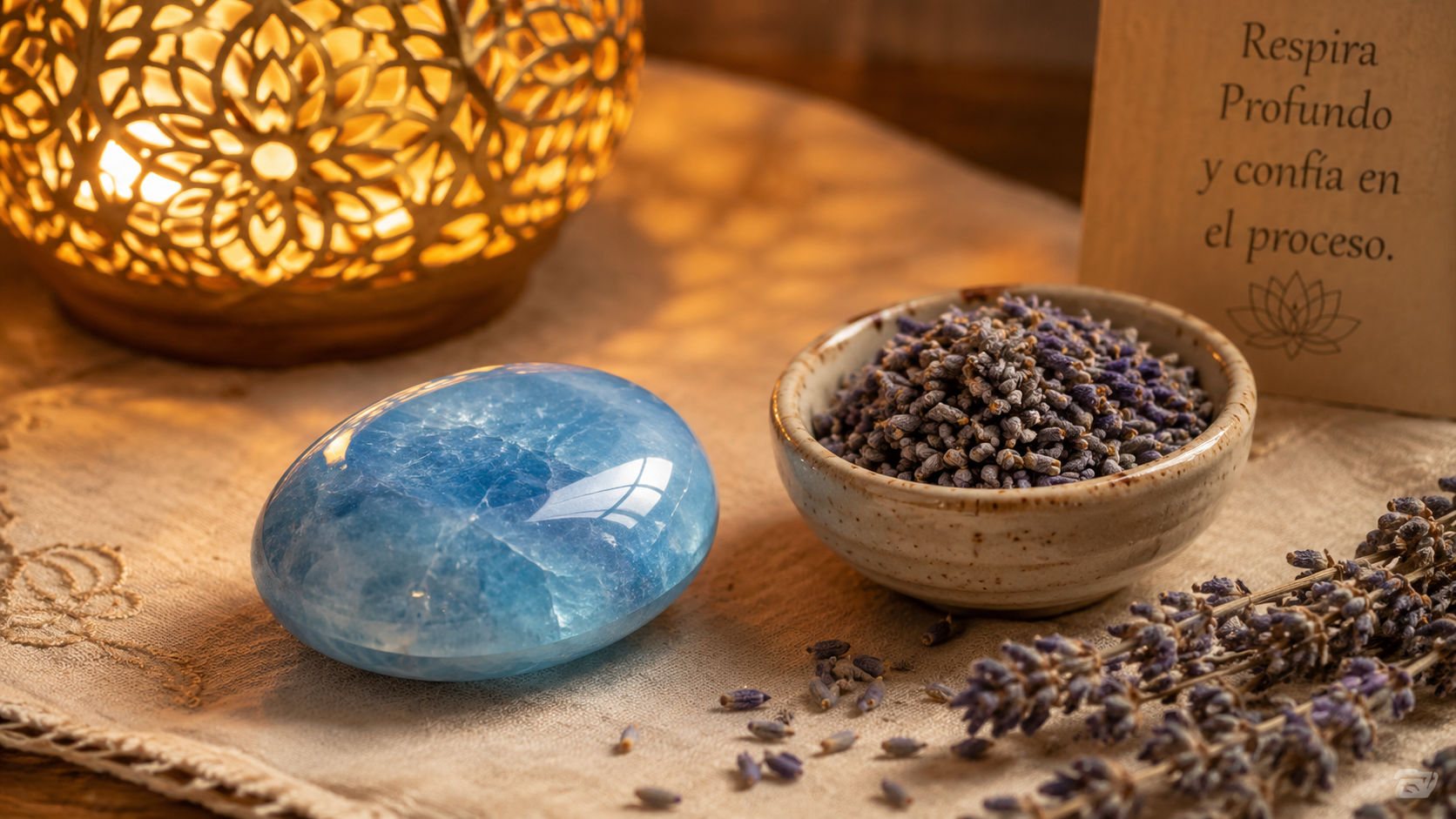 Topacio Azul junto a la cama para aquietar los pensamientos desordenados y propiciar un descanso en paz.